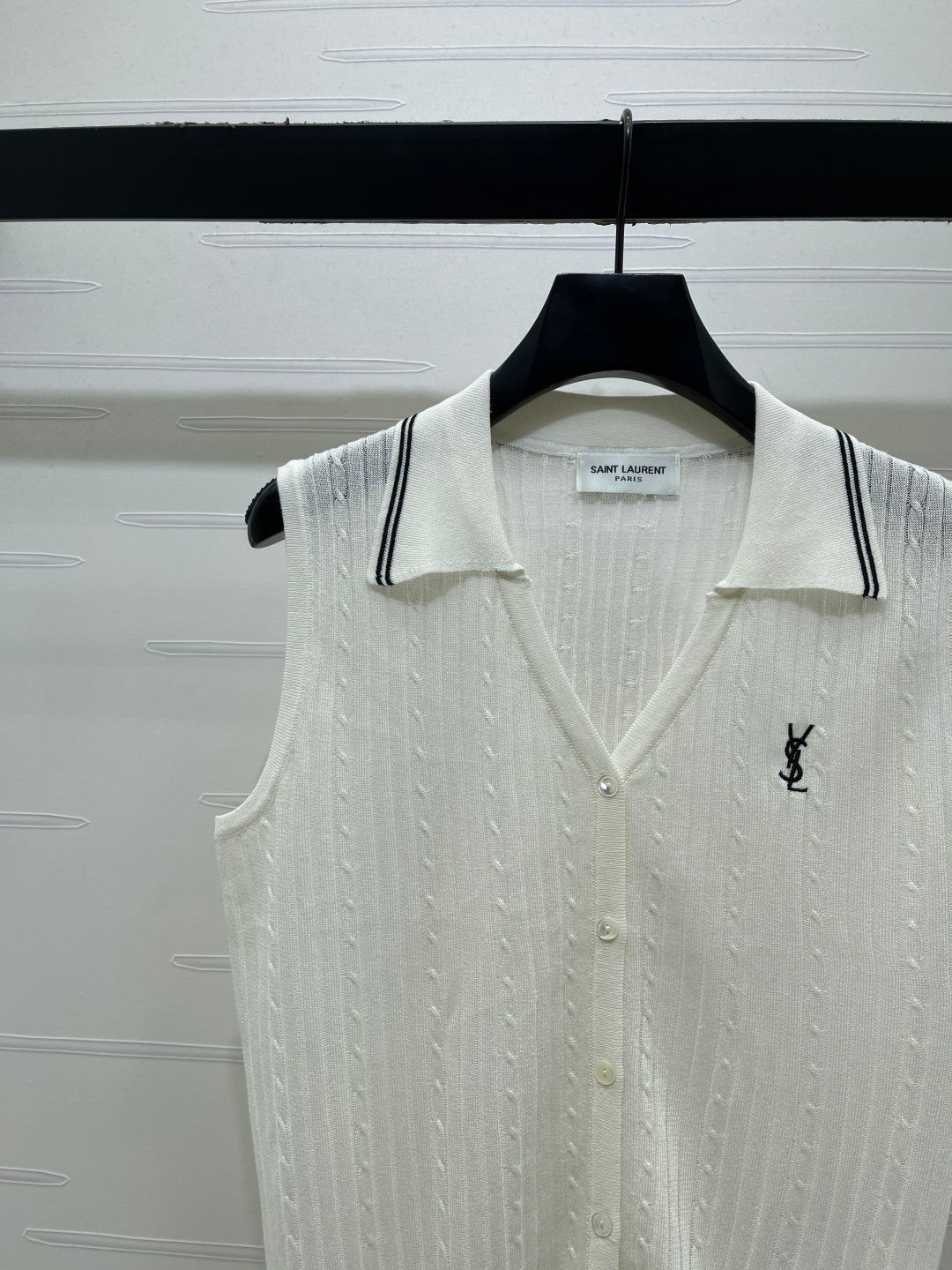 YSL Collared Knit Vest White Spun Silk Linen 397453