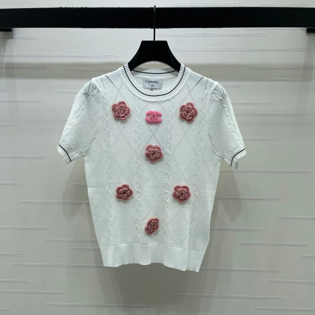 Chanel 2026 Diamond Pattern 3D Floral Knit Short Sleeve Cotton 397419
