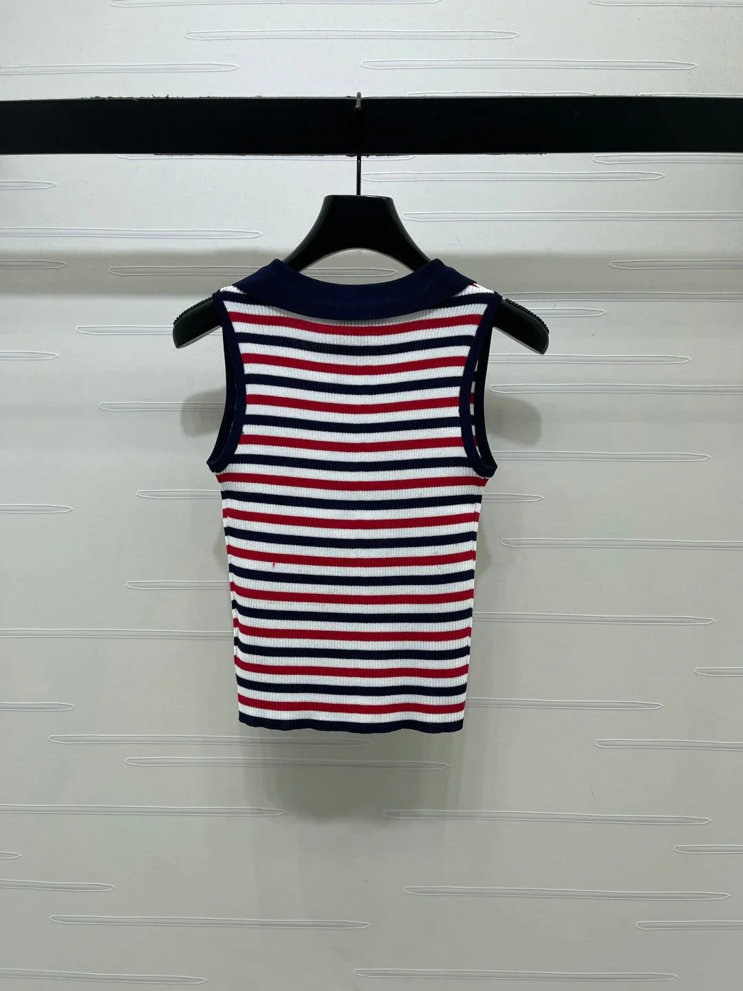 Chanel 2026 Striped Knitted Collared Vest Red White Blue Viscose 397310