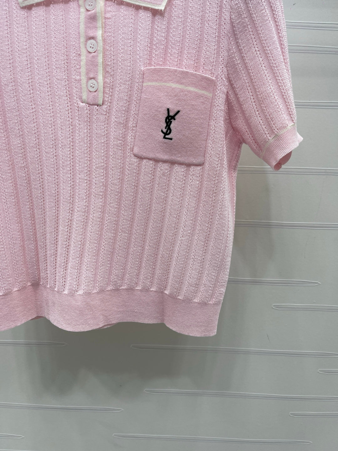 YSL 26s Knit Short-Sleeved Top Light Pink Silk Linen 401586