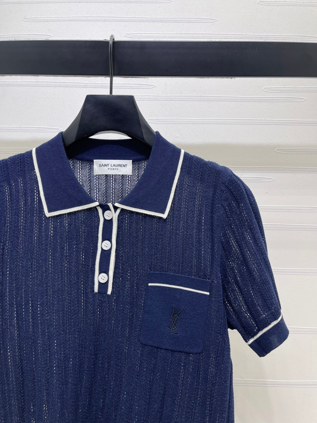 YSL 26s Knit Short-Sleeved Top Navy Blue Silk Linen 401585