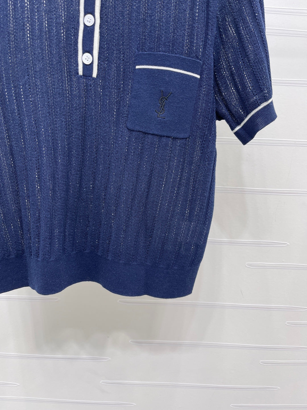 YSL 26s Knit Short-Sleeved Top Navy Blue Silk Linen 401585