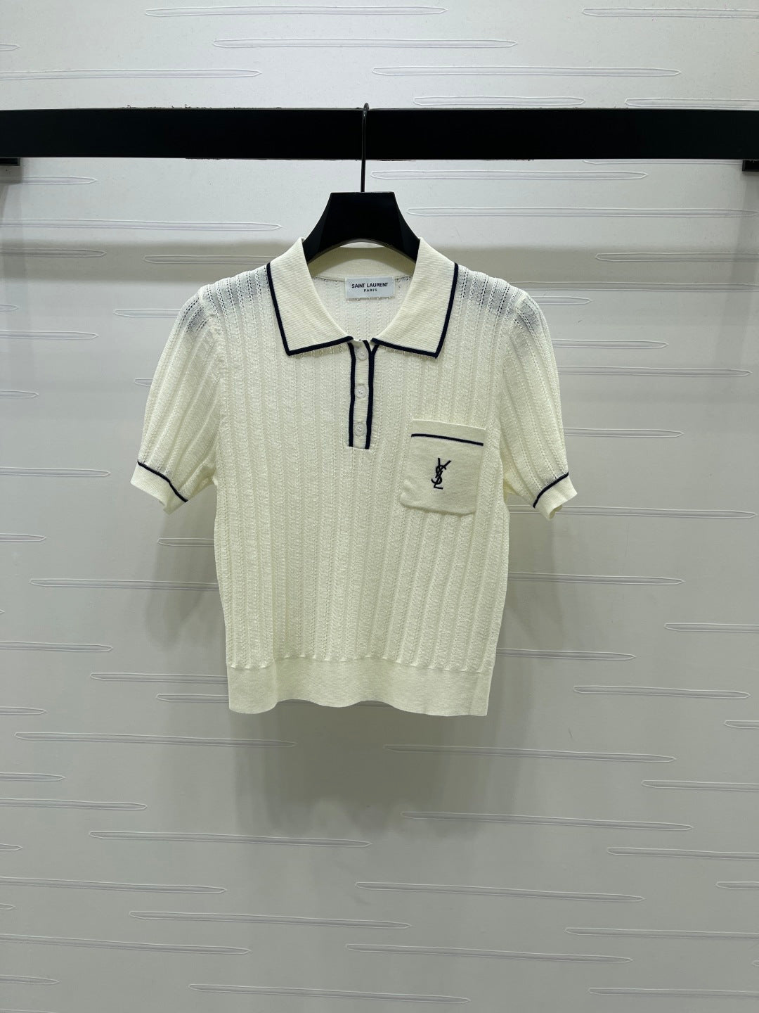 YSL 26s Knit Short-Sleeved Top Cream Silk Linen 401584