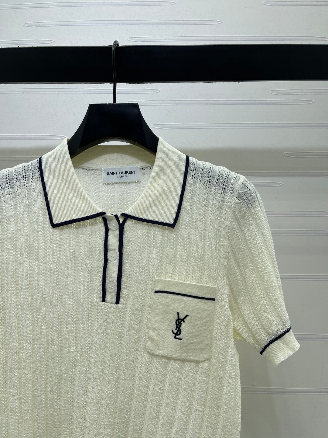 YSL 26s Knit Short-Sleeved Top Cream Silk Linen 401584
