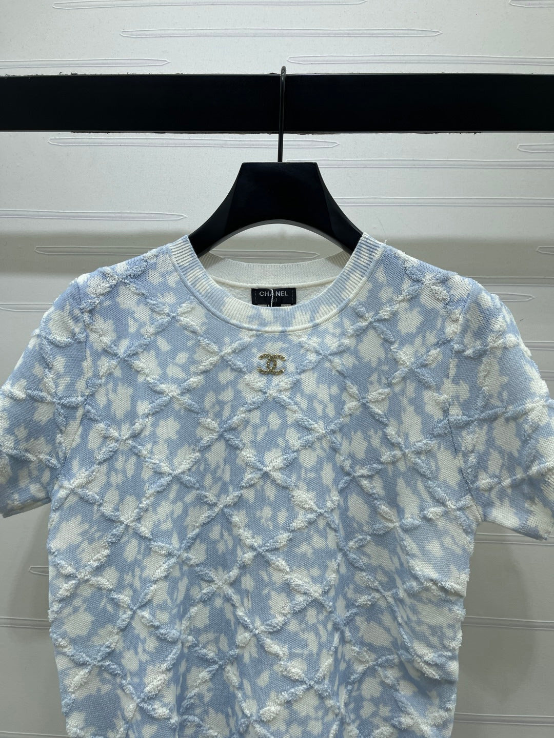 CC 26s Floral Knit Short-Sleeved Top Blue White Wool 401606