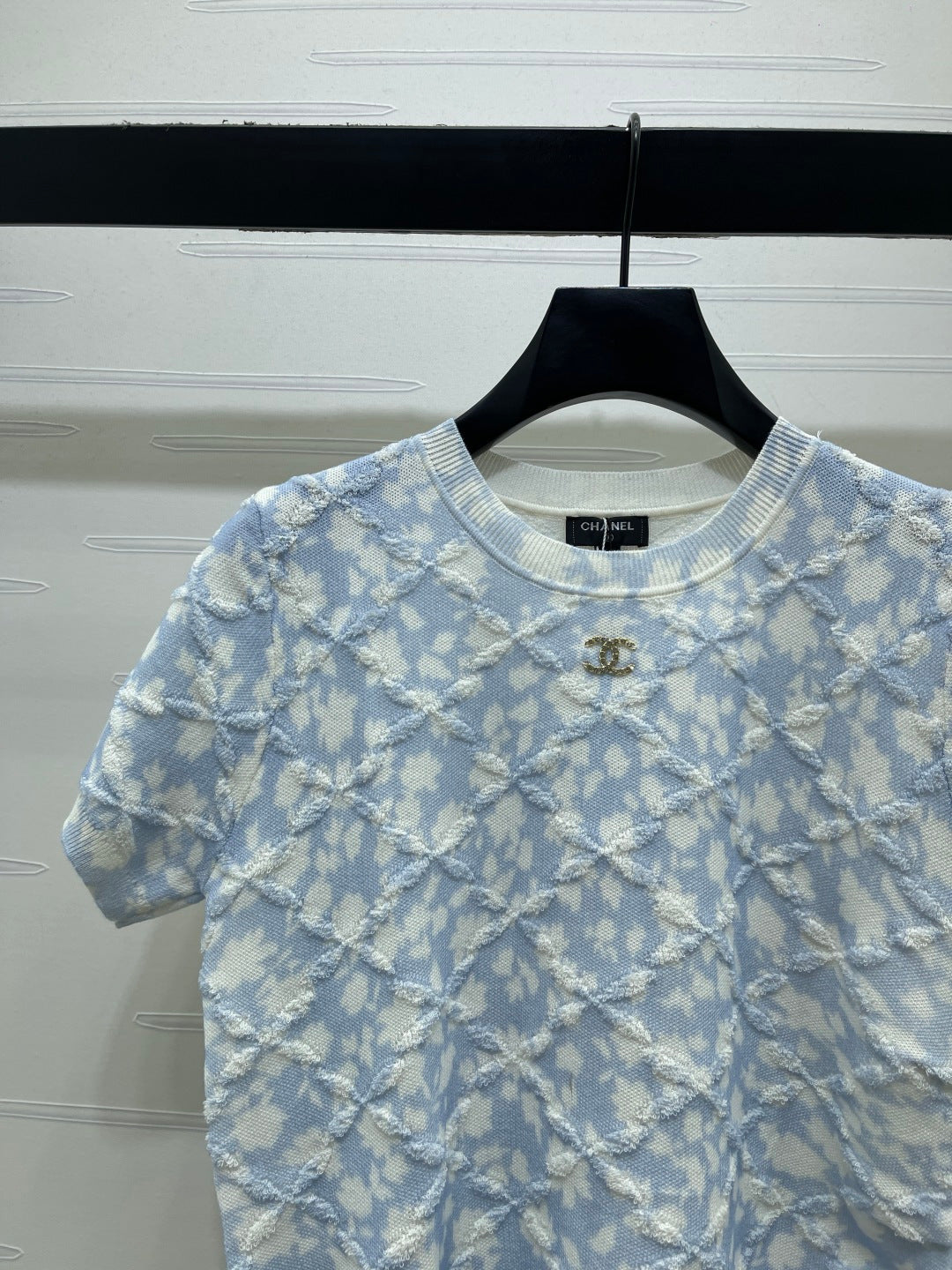 CC 26s Floral Knit Short-Sleeved Top Blue White Wool 401606