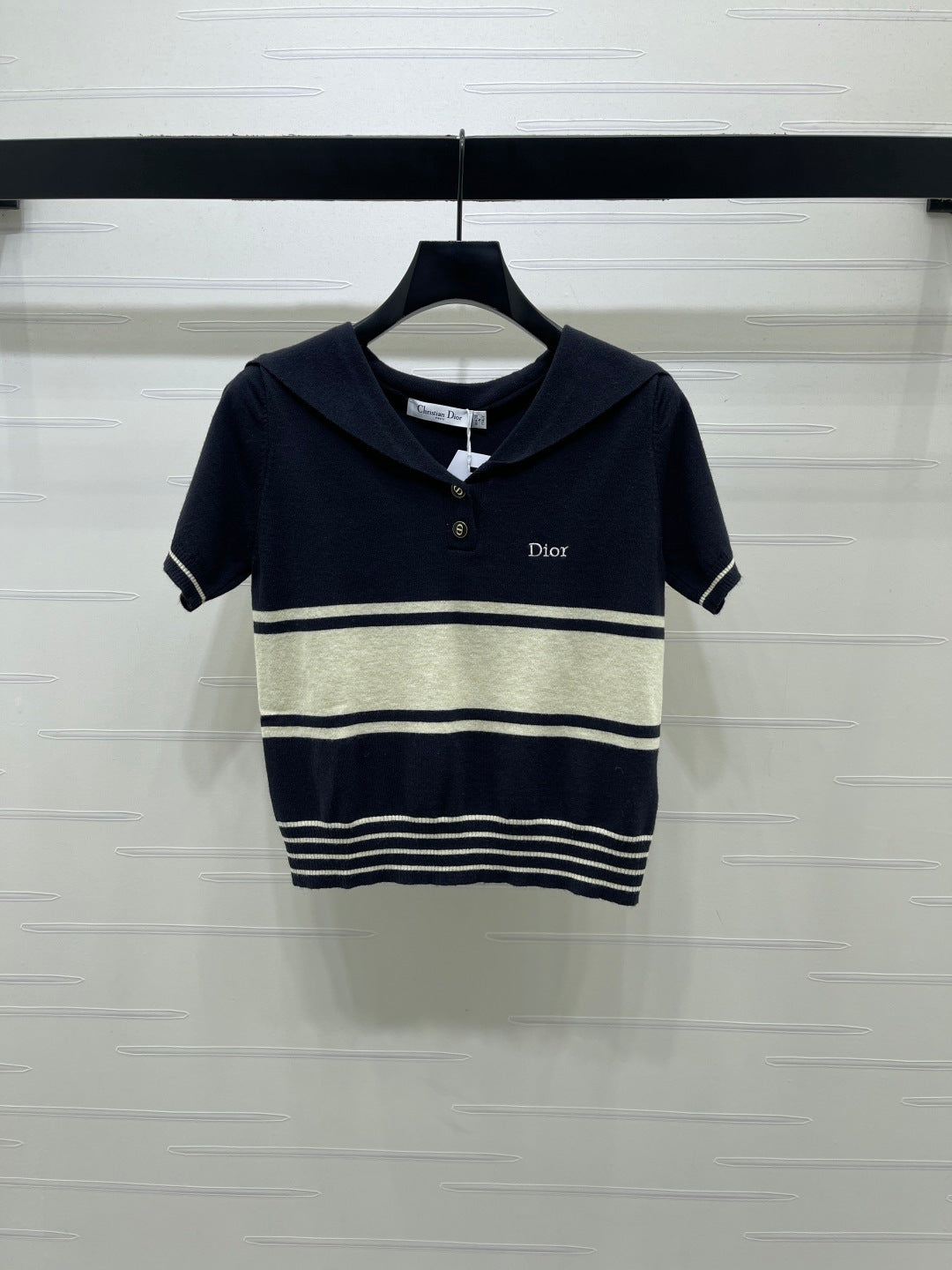CD 26s Collar Striped Knit Short-Sleeve Sweater Nylon Wool 409497