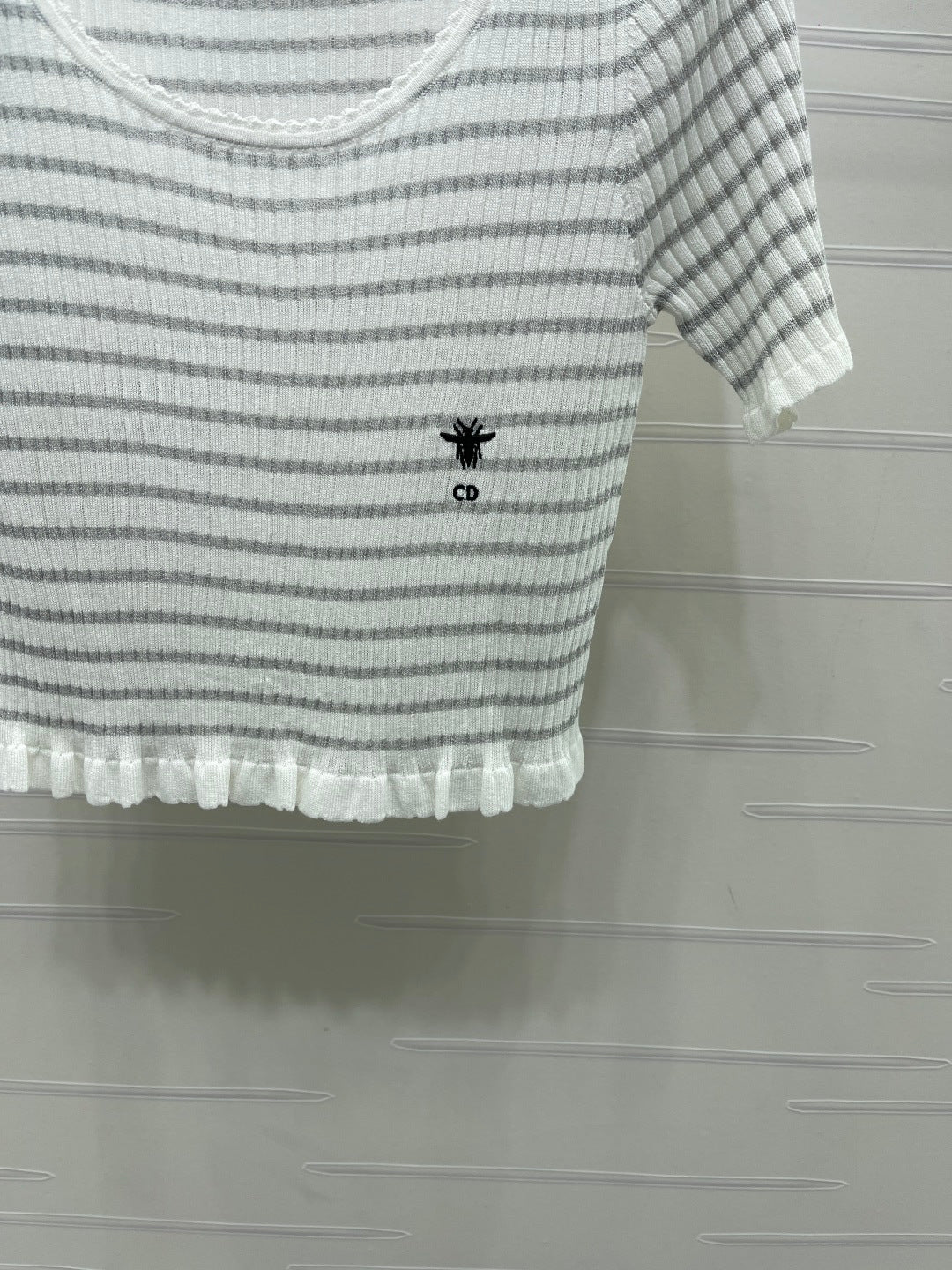 CD 26s Short-Sleeved Top White Grey Silk Linen 409495