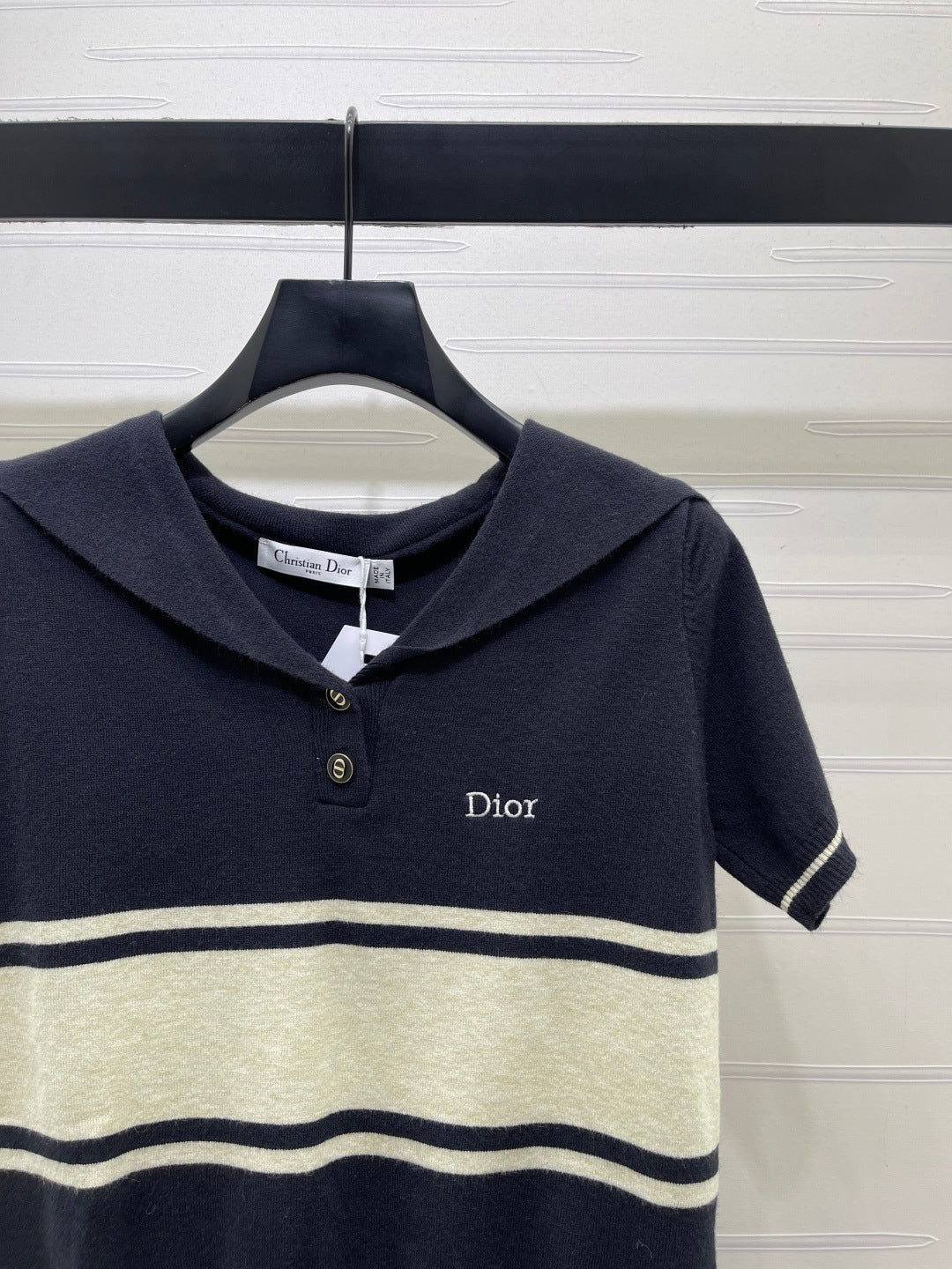 CD 26s Collar Striped Knit Short-Sleeve Sweater Nylon Wool 409497