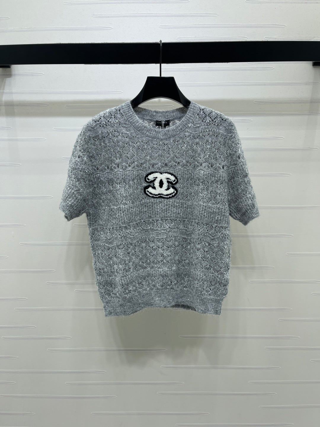CC Pattern Knit Short-Sleeve T-Shirt Grey Wool 422029