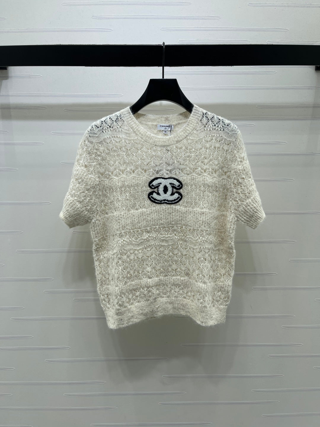 CC Pattern Knit Short-Sleeve T-Shirt Ivory Wool 422027