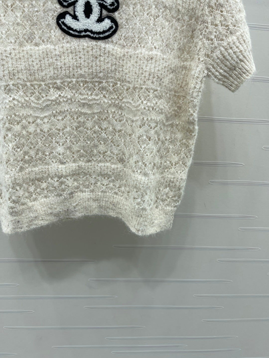 CC Pattern Knit Short-Sleeve T-Shirt Ivory Wool 422027