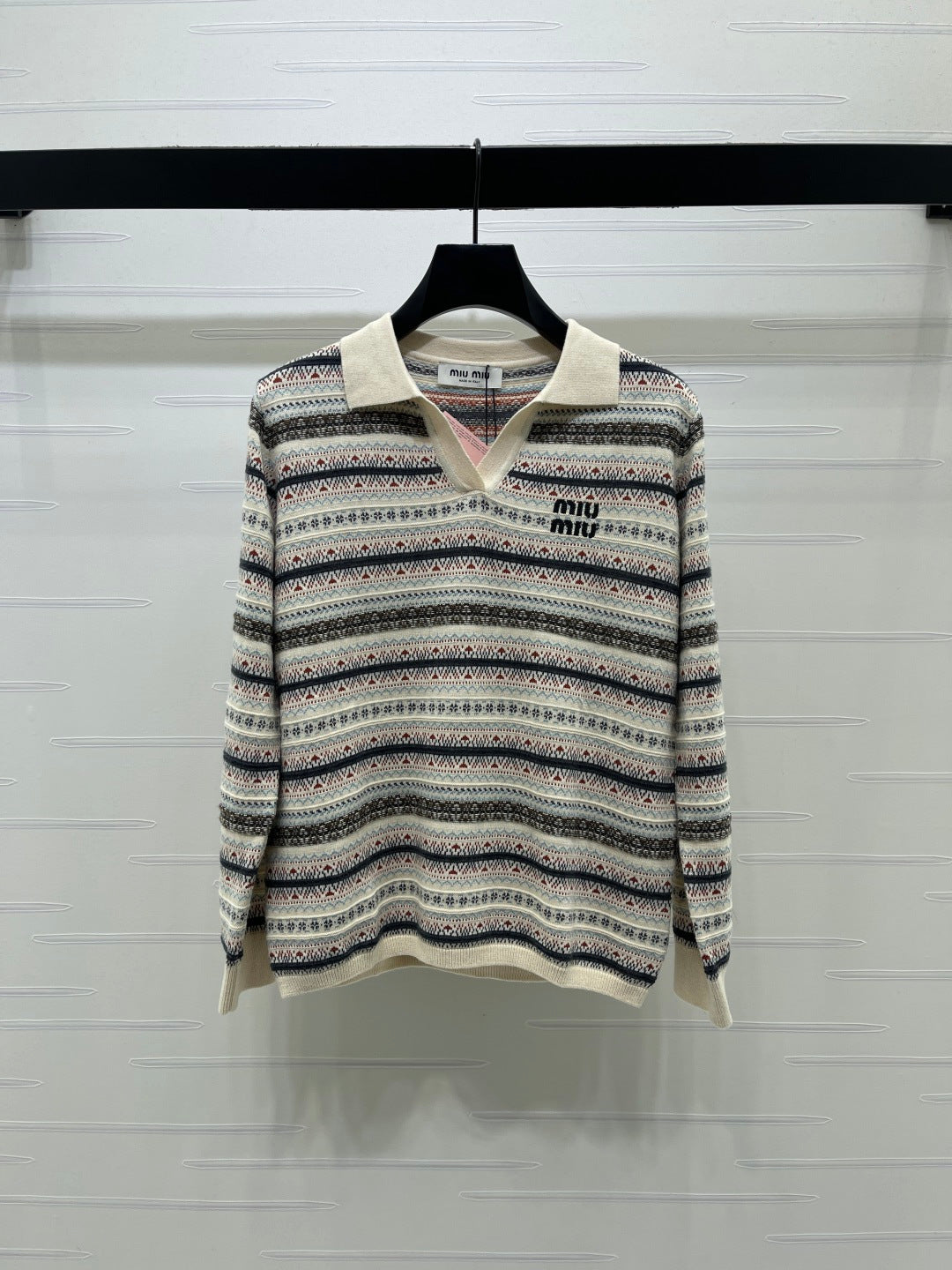 Miu 26s Striped Collar Knit Long Sleeve Cream Wool 423878