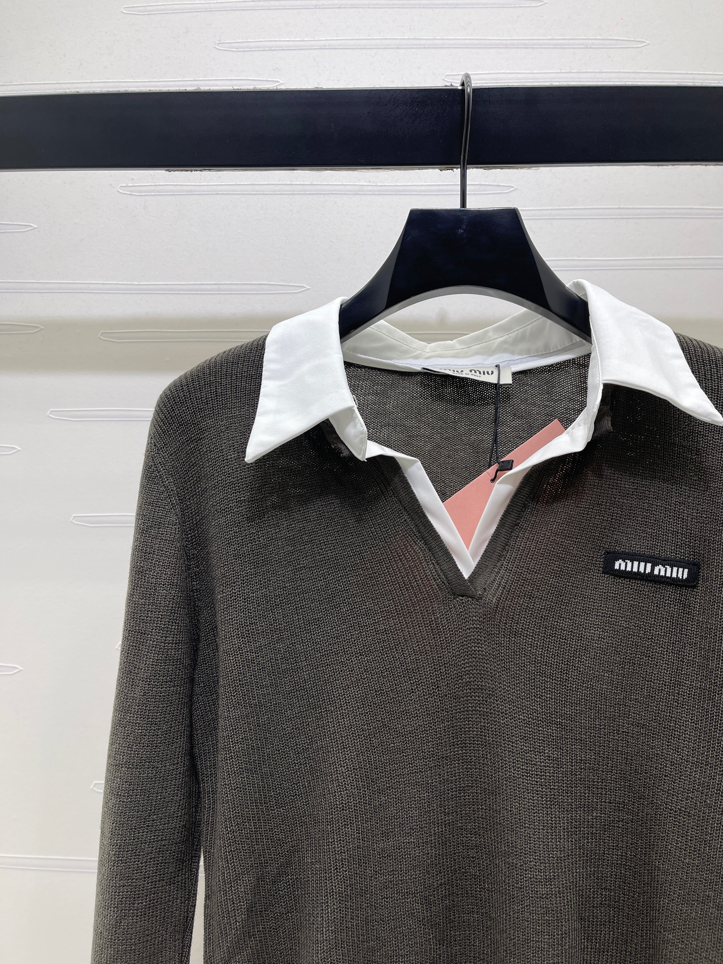 Miu 26s Long-Sleeve Knit Polo Dark Grey Wool Blend 427253