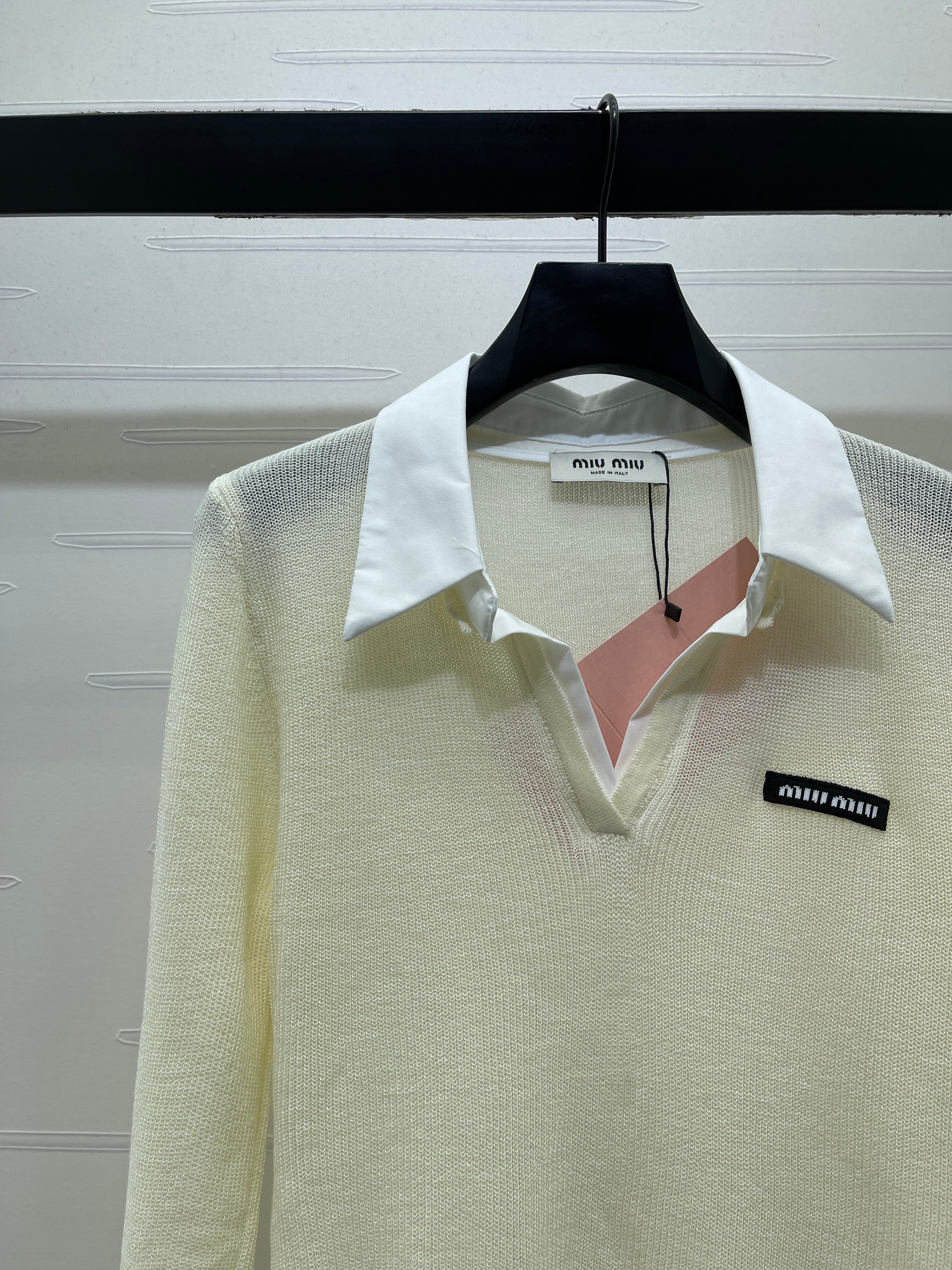 Miu 26s Long-Sleeve Knit Polo Ivory Wool Blend 427254