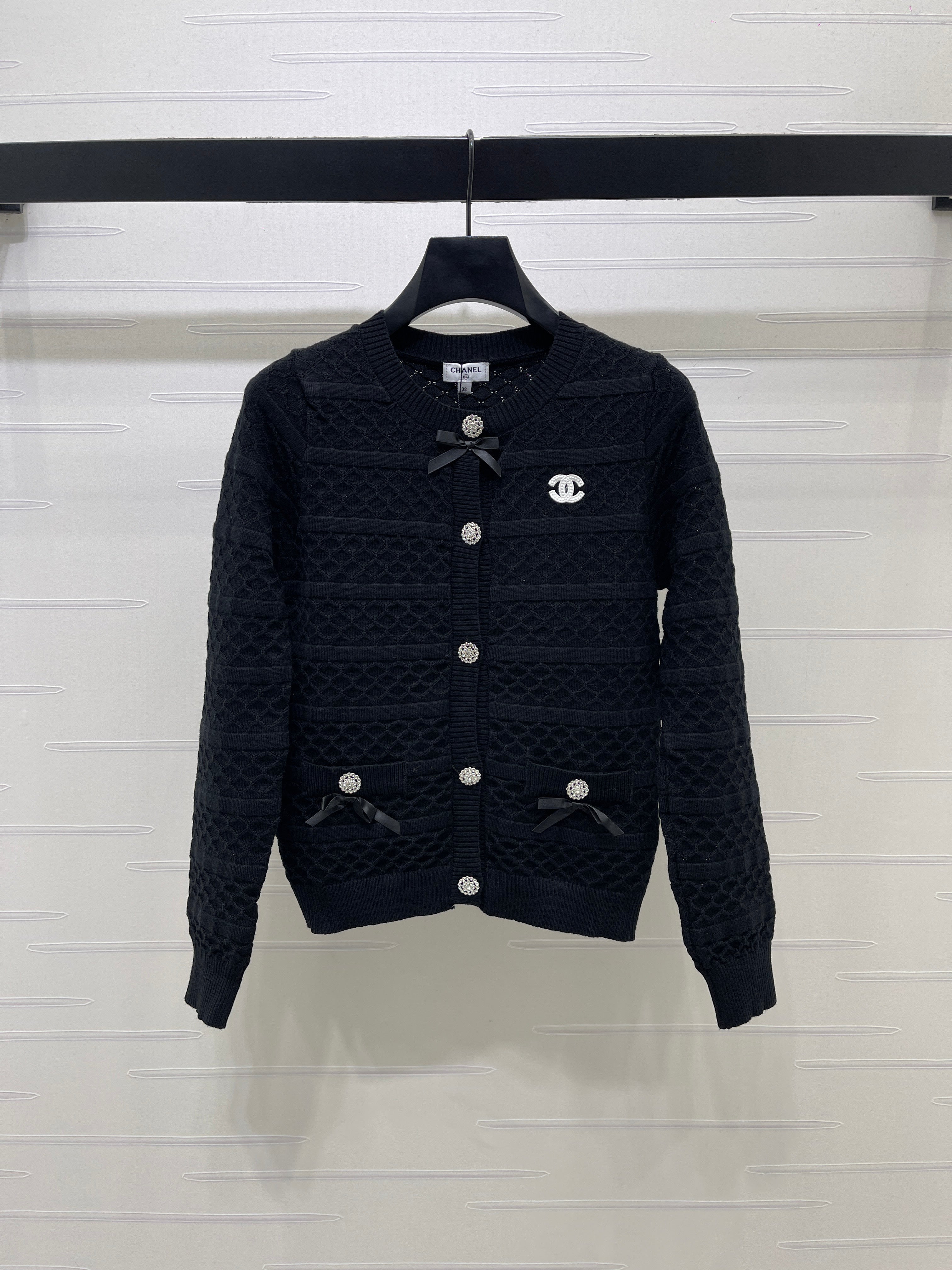 CC 26s Bow Detail Open-Knit Cardigan Black Wool Blend 427249