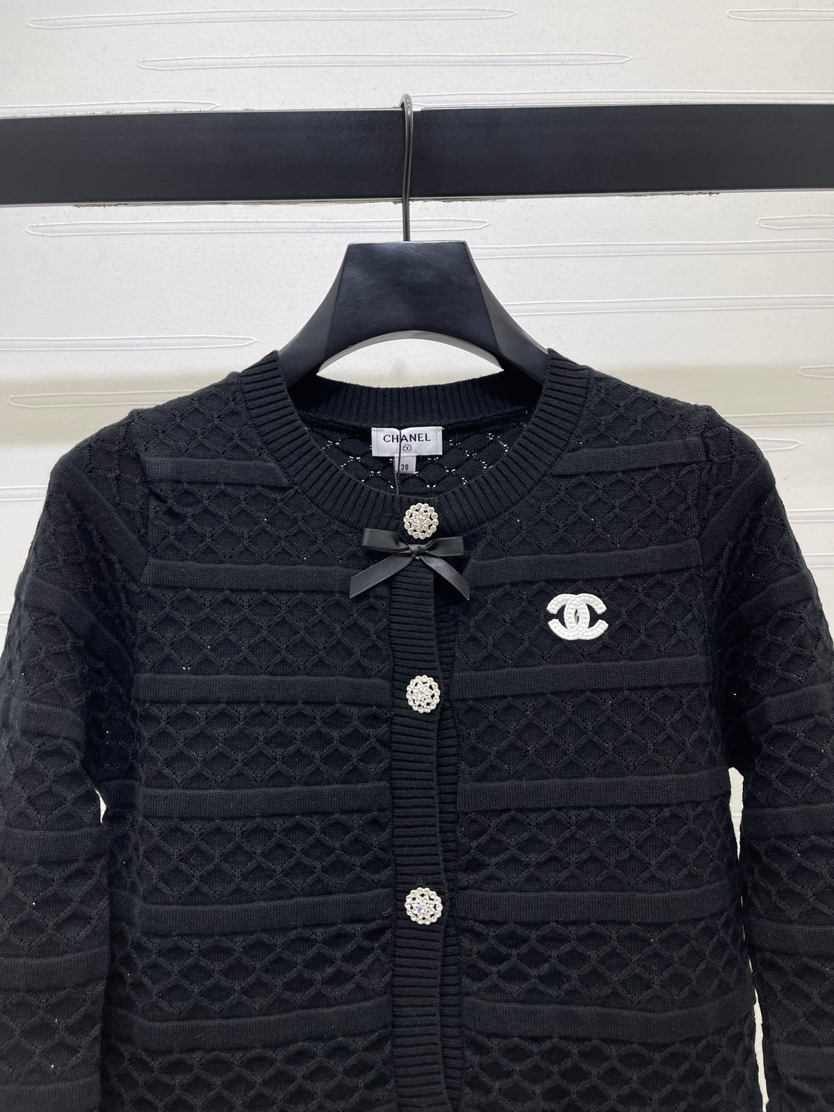 CC 26s Bow Detail Open-Knit Cardigan Black Wool Blend 427249