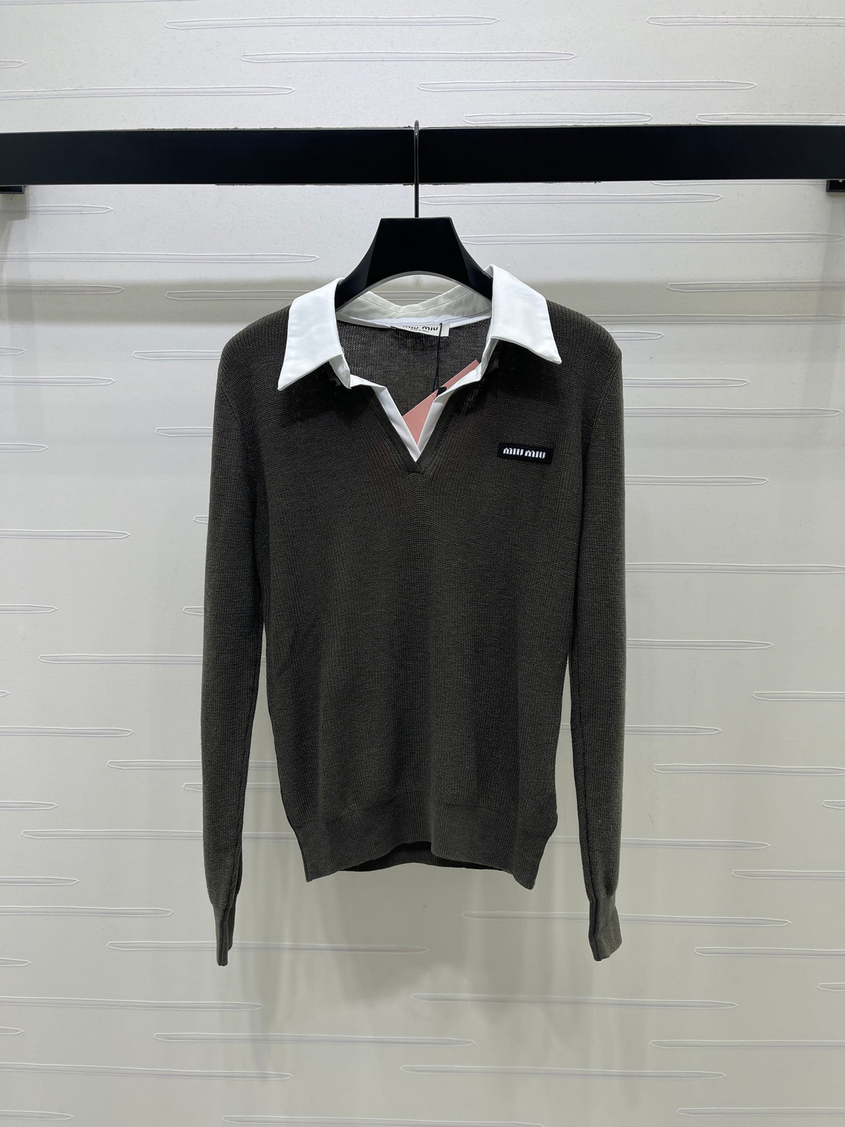 Miu 26s Long-Sleeve Knit Polo Dark Grey Wool Blend 427253