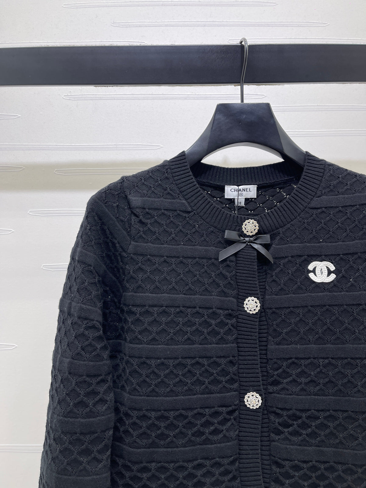 CC 26s Bow Detail Open-Knit Cardigan Black Wool Blend 427249