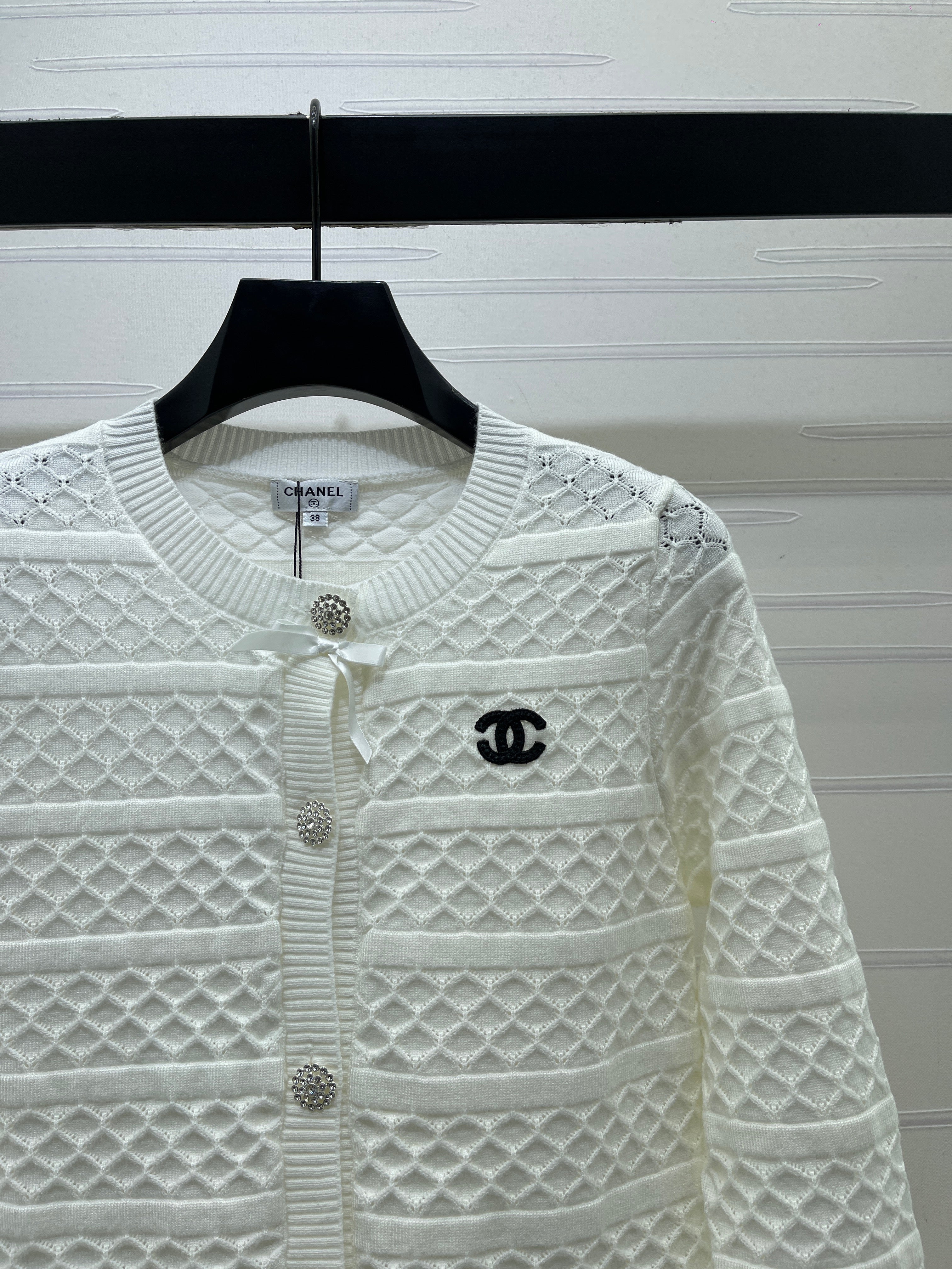 CC 26s Bow Detail Open-Knit Cardigan White Wool Blend 427250