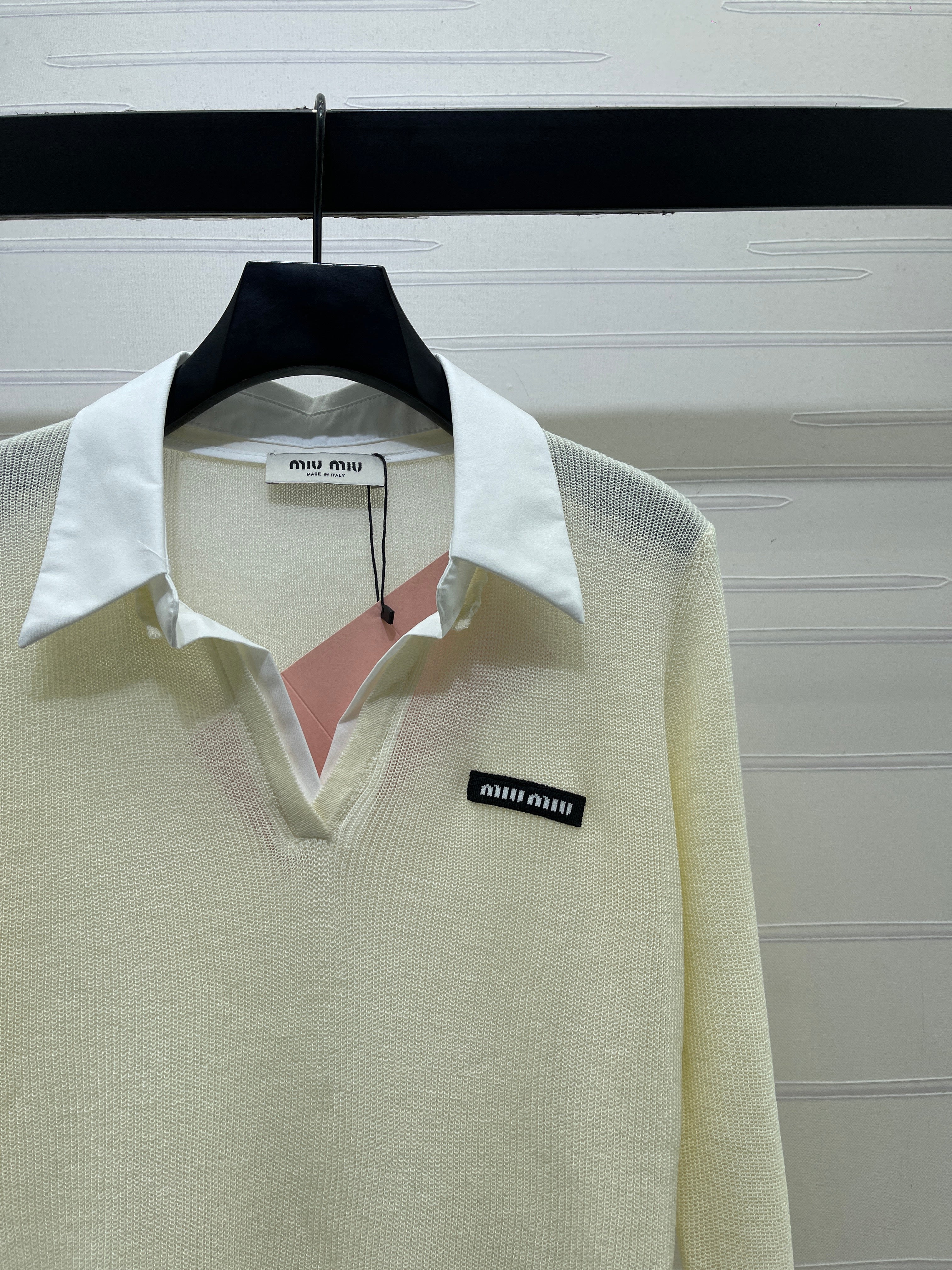 Miu 26s Long-Sleeve Knit Polo Ivory Wool Blend 427254
