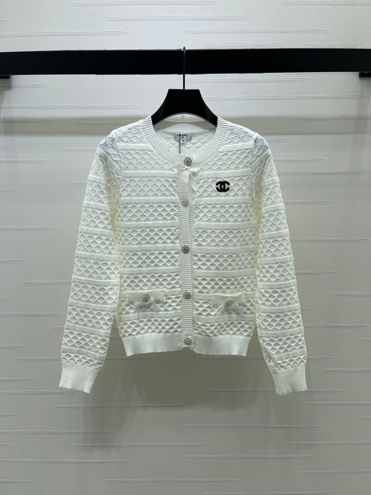 CC 26s Bow Detail Open-Knit Cardigan White Wool Blend 427250