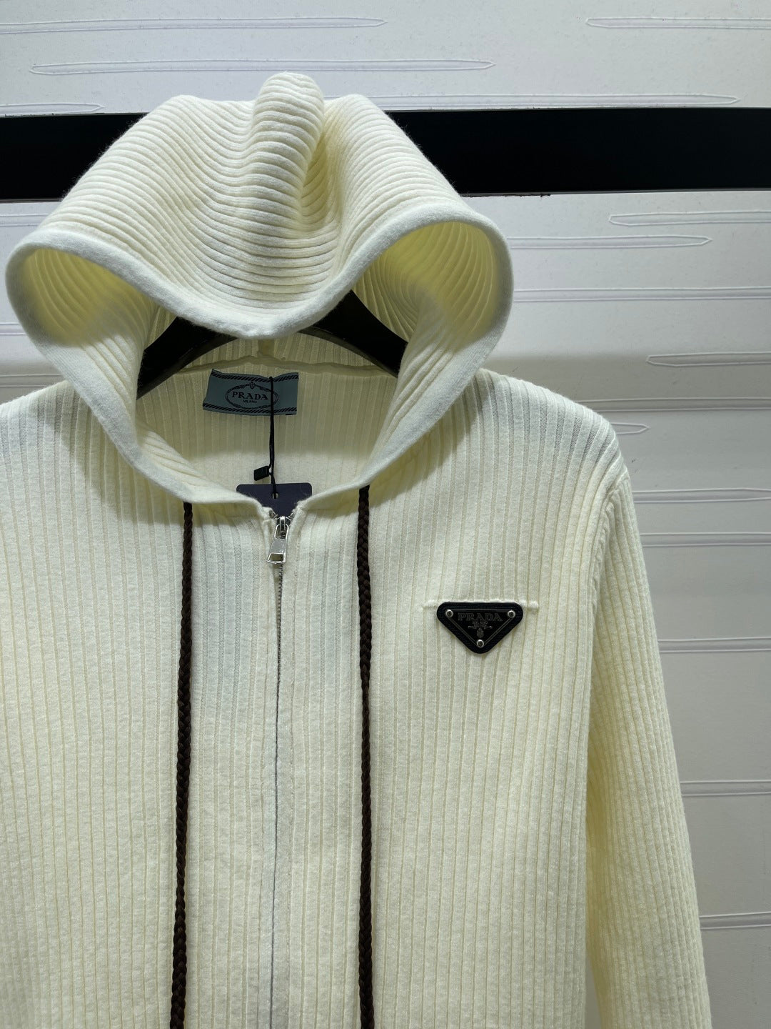 Prada 26s Hoodie White Ribbed Knit 446557