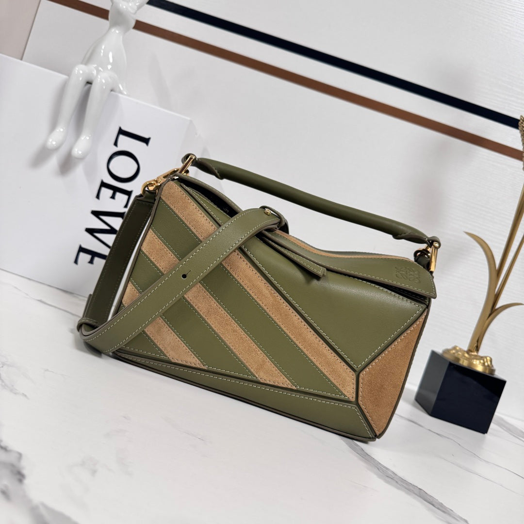Small Puzzle Bag Olive Green Calfskin Brown Suede
