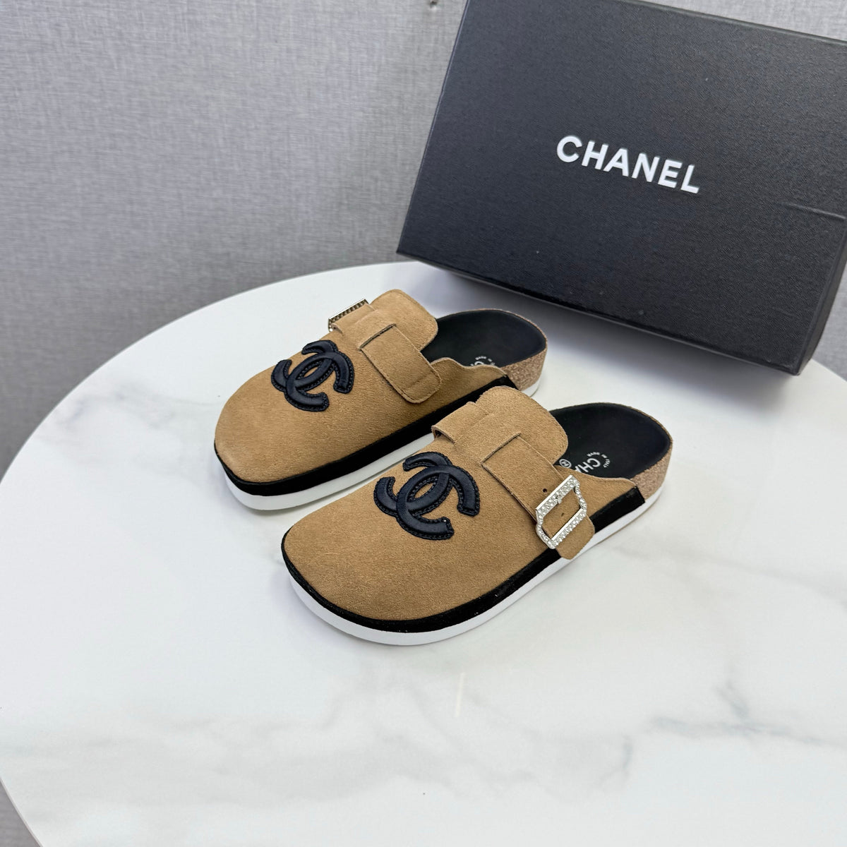 CC 26s CC Buckle Suede Mules Beige 167658