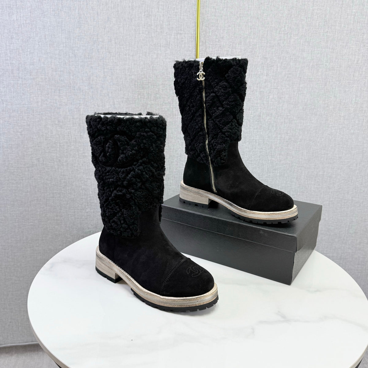 CC 26s Mid Calf Boots Black Suede Quilted Shearling 167738