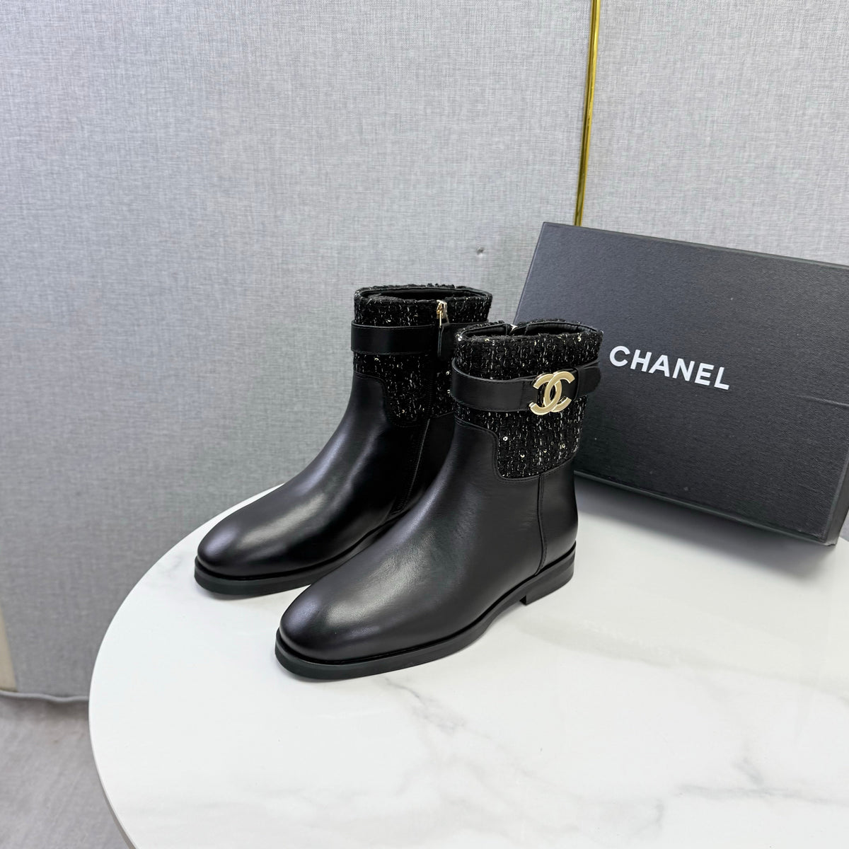 CC 26s Dark Tweed Trim Ankle Boots Black Leather 167518