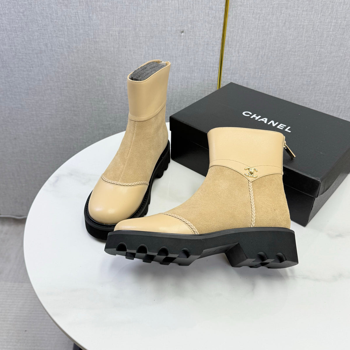 Chanel 26s Ankle Boots Beige Suede Leather 167785