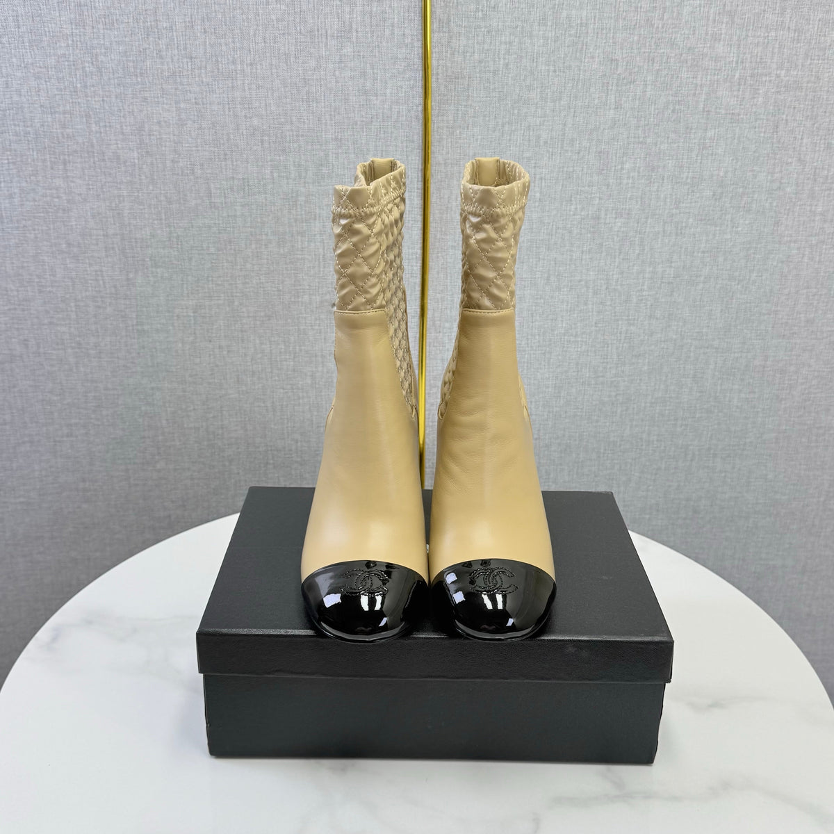 Chanel 26s Quilted Ankle Boots Beige Leather 167803