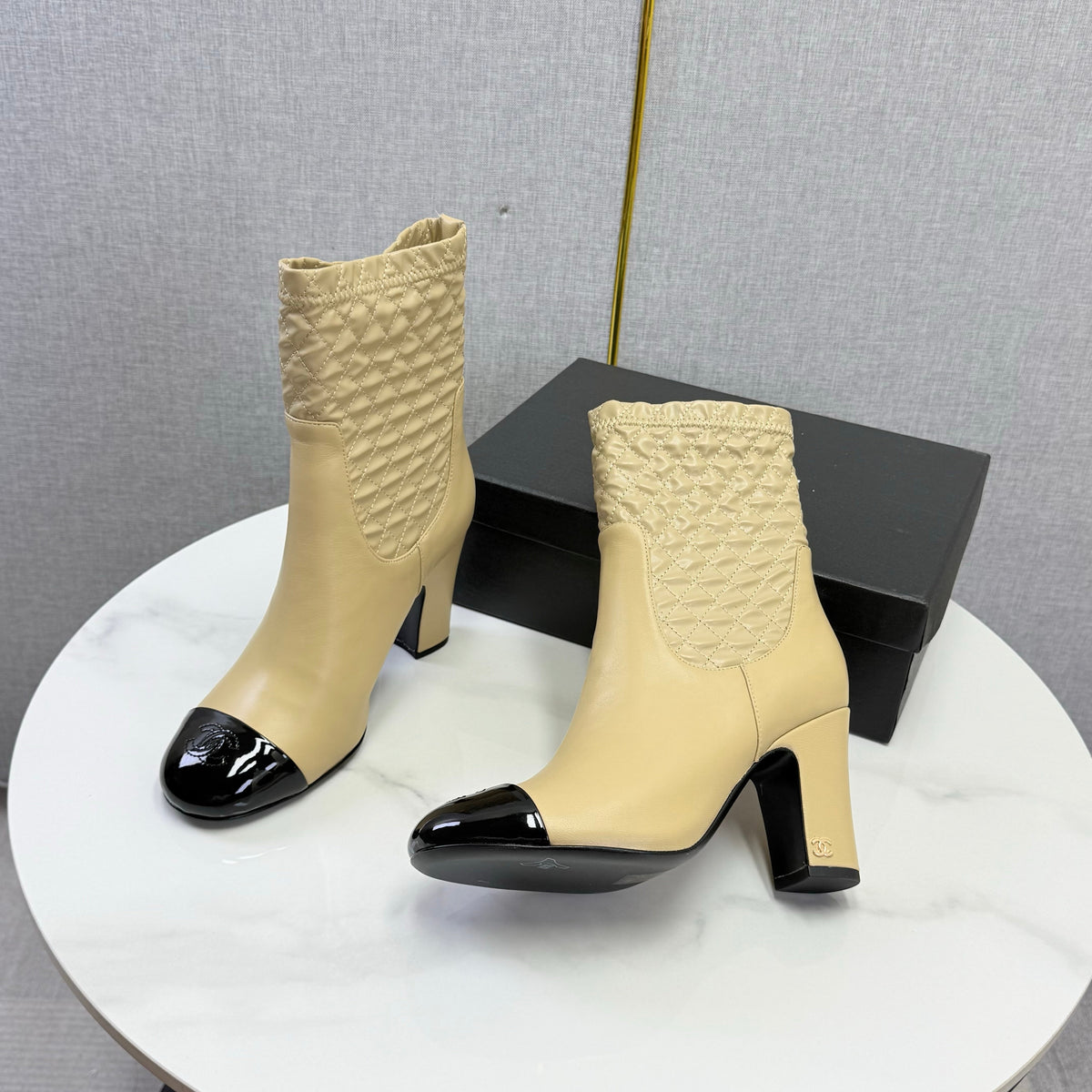 Chanel 26s Quilted Ankle Boots Beige Leather 167803