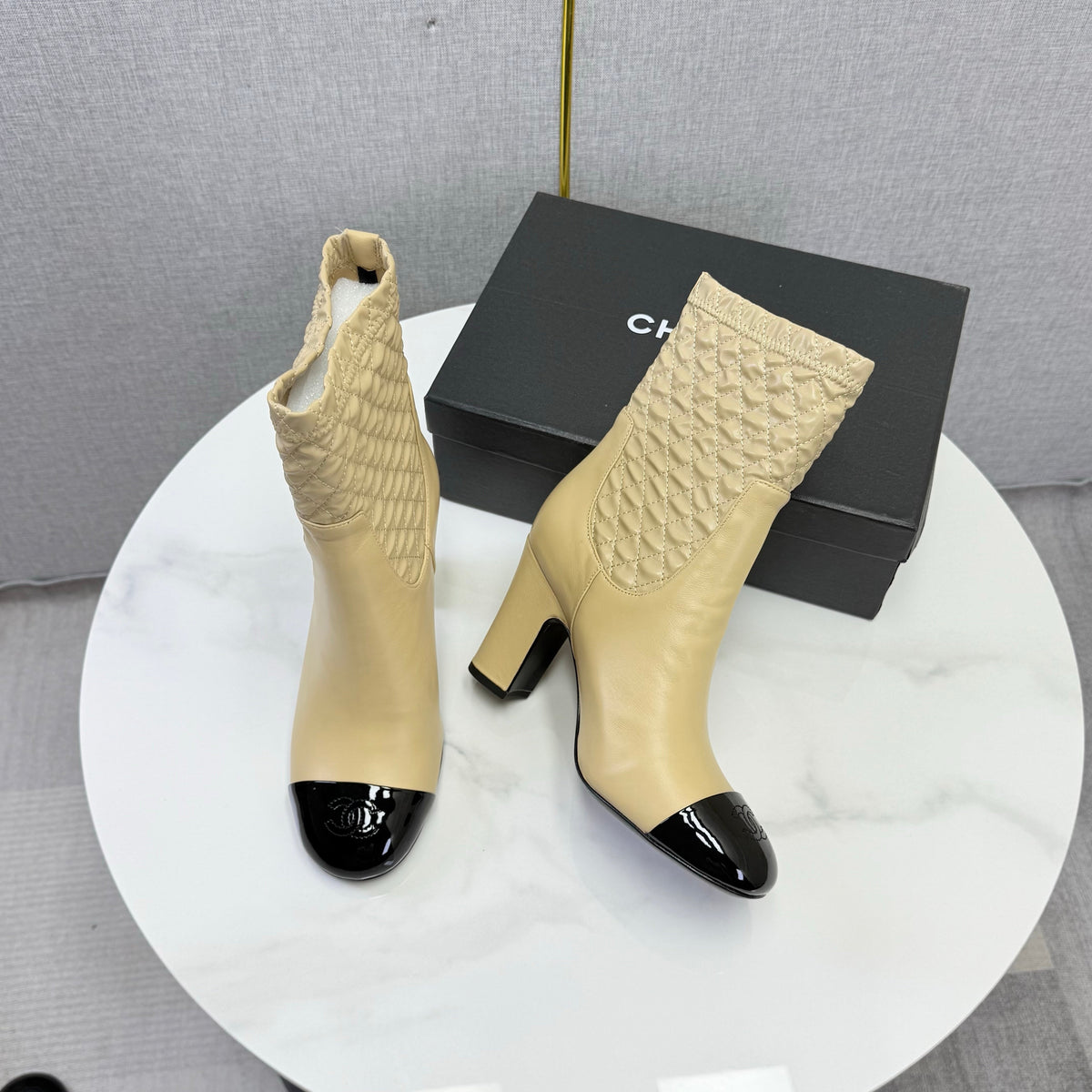 Chanel 26s Quilted Ankle Boots Beige Leather 167803