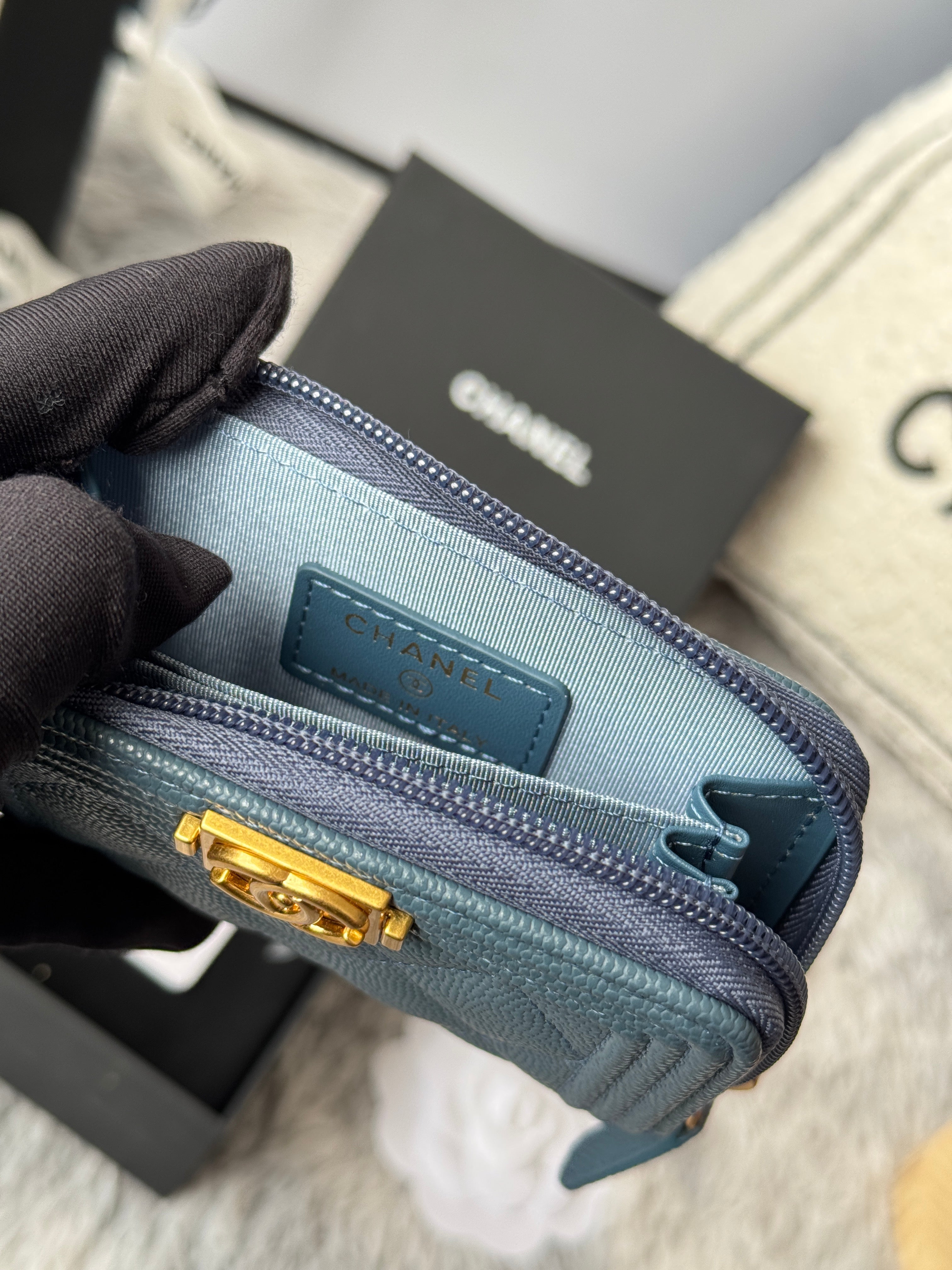 CC Classic Boy Coin Purse Muted Teal Gold-tone Grained Calfskin 242878