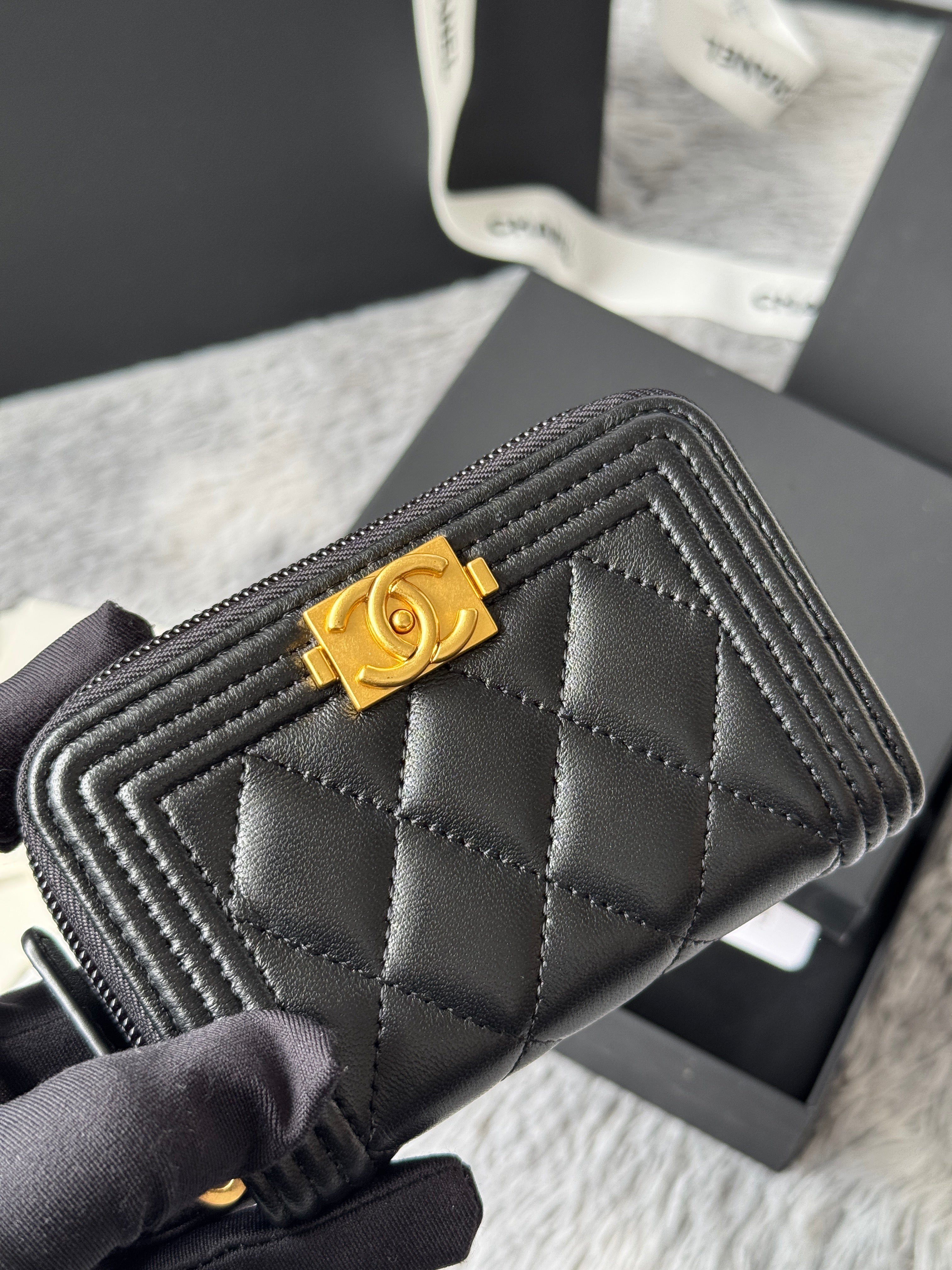 CC Classic Boy Coin Purse Black Gold-tone Lambskin 242886