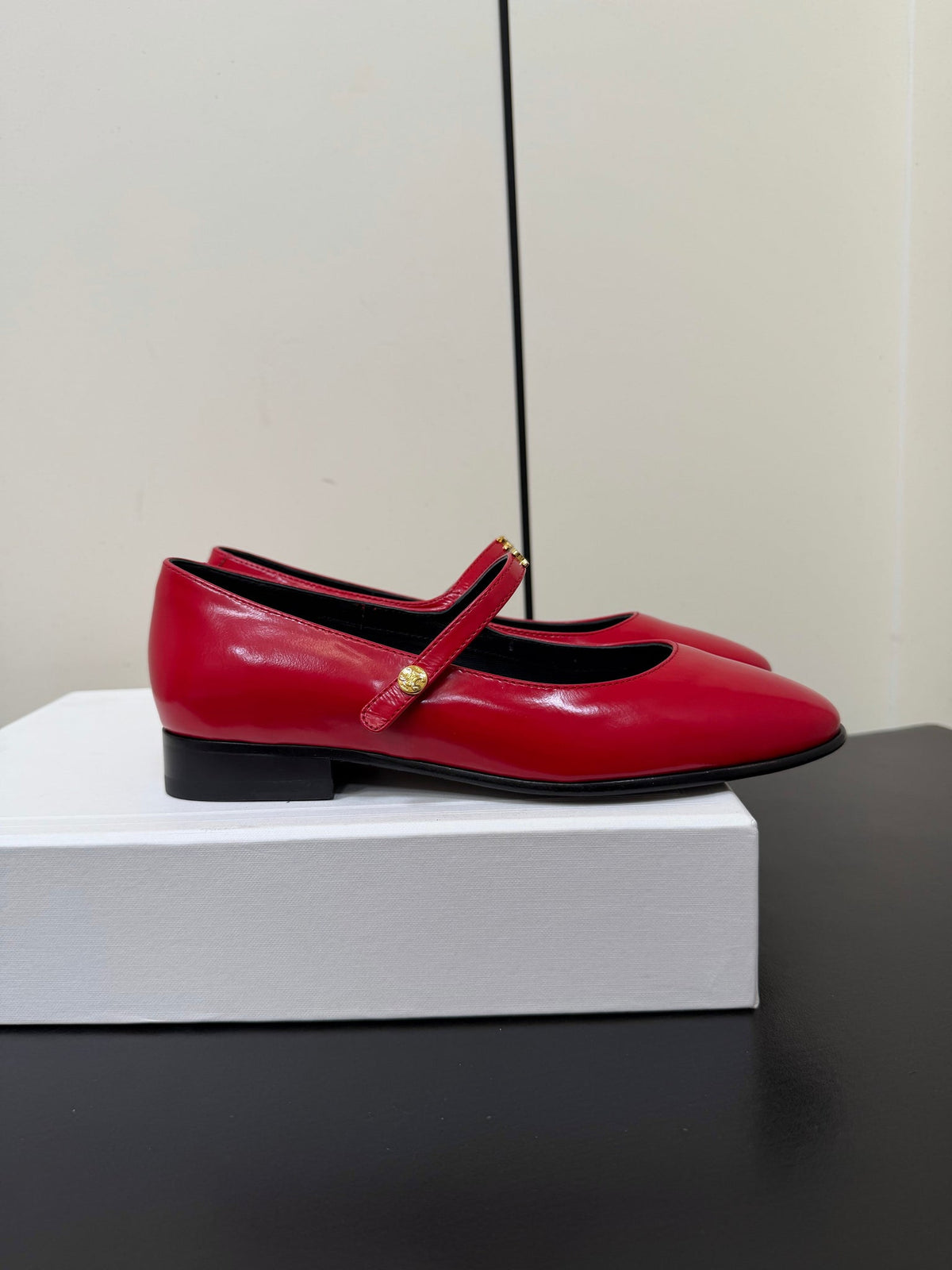Celine 26s Mary Jane Flats In Dark Red Glossy Calfskin Gold Hardware