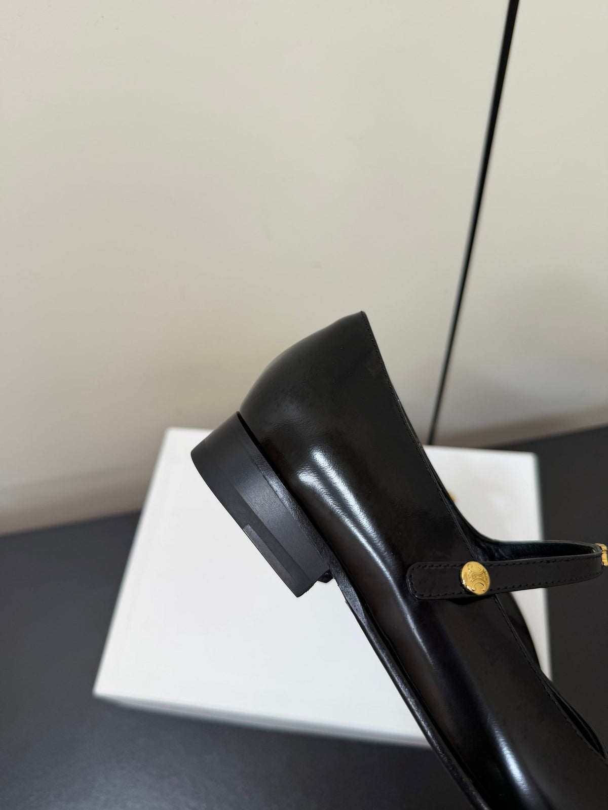 Celine 26s Mary Jane Flats In Black Glossy Calfskin Gold Hardware