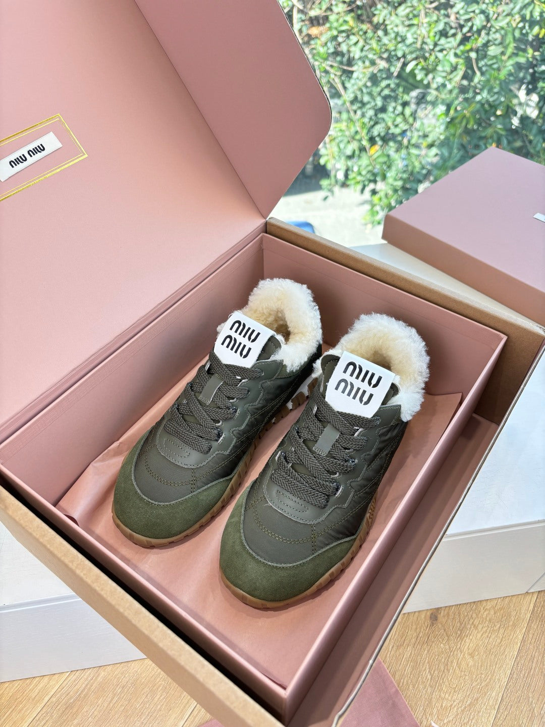 Miu 26s Tyre Sneakers Olive Suede Re-Nylon Shearing 994143
