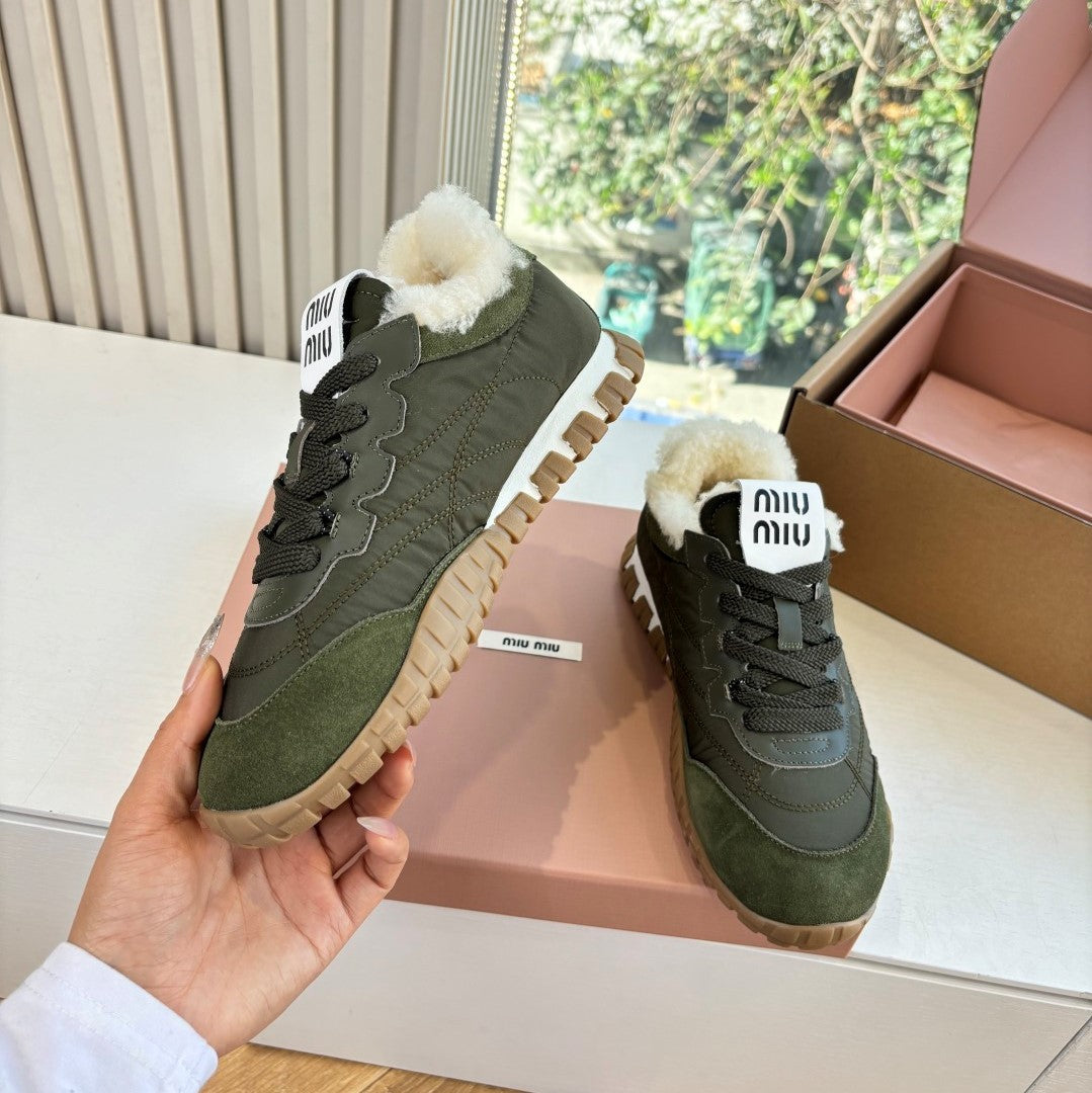 Miu 26s Tyre Sneakers Olive Suede Re-Nylon Shearing 994143