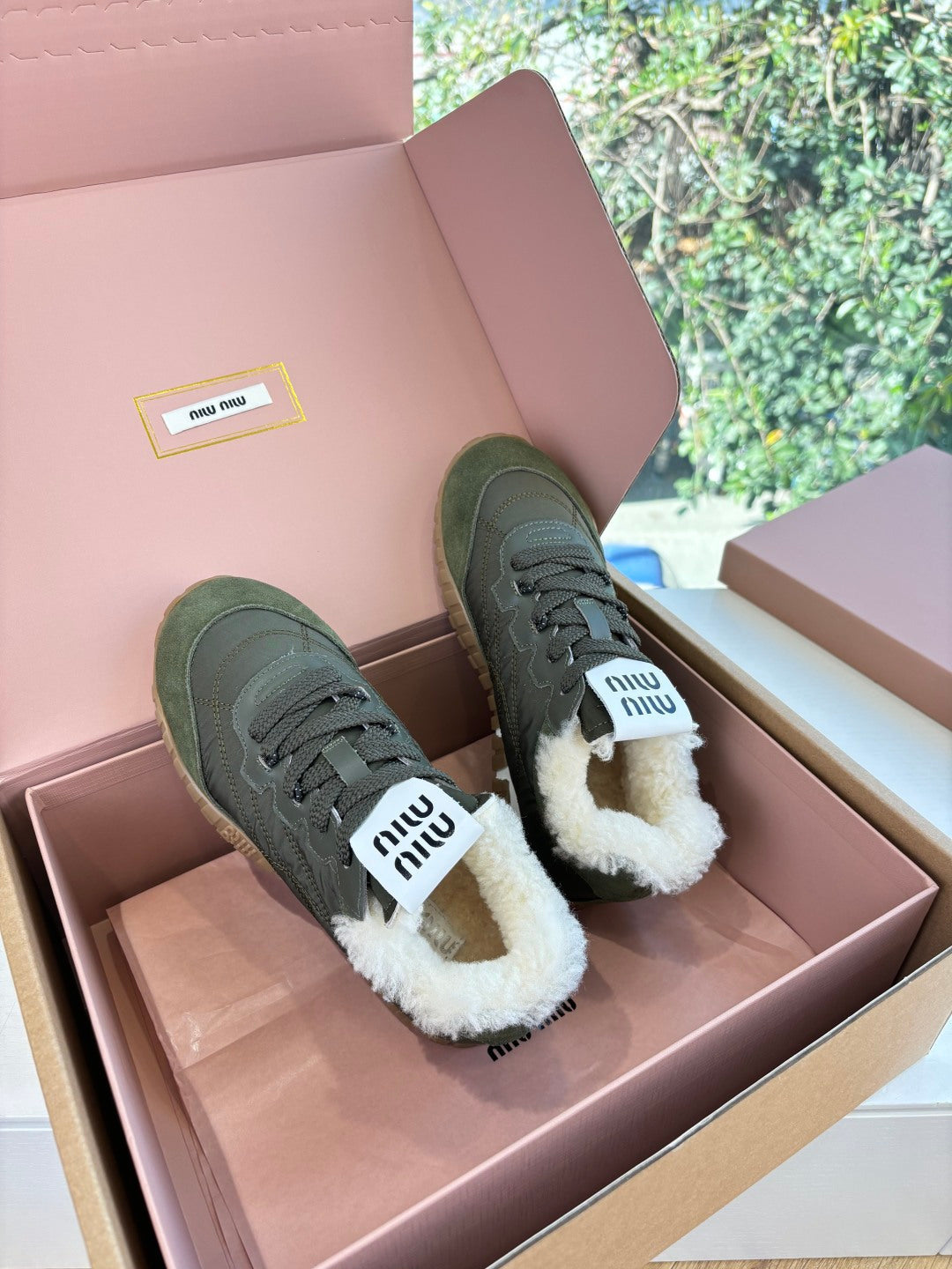 Miu 26s Tyre Sneakers Olive Suede Re-Nylon Shearing 994143