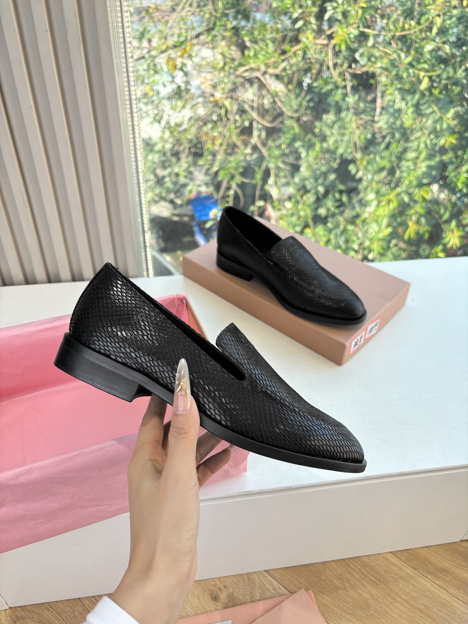 Miu 26s Loafers In Black Snake Embossed Calfskin