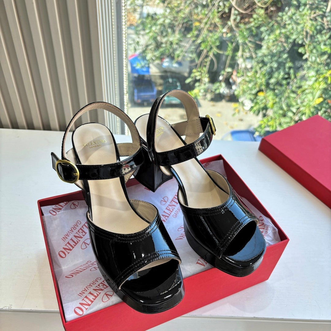 Valentino Fawcette Platform Sandal Black Patent Leather 702278