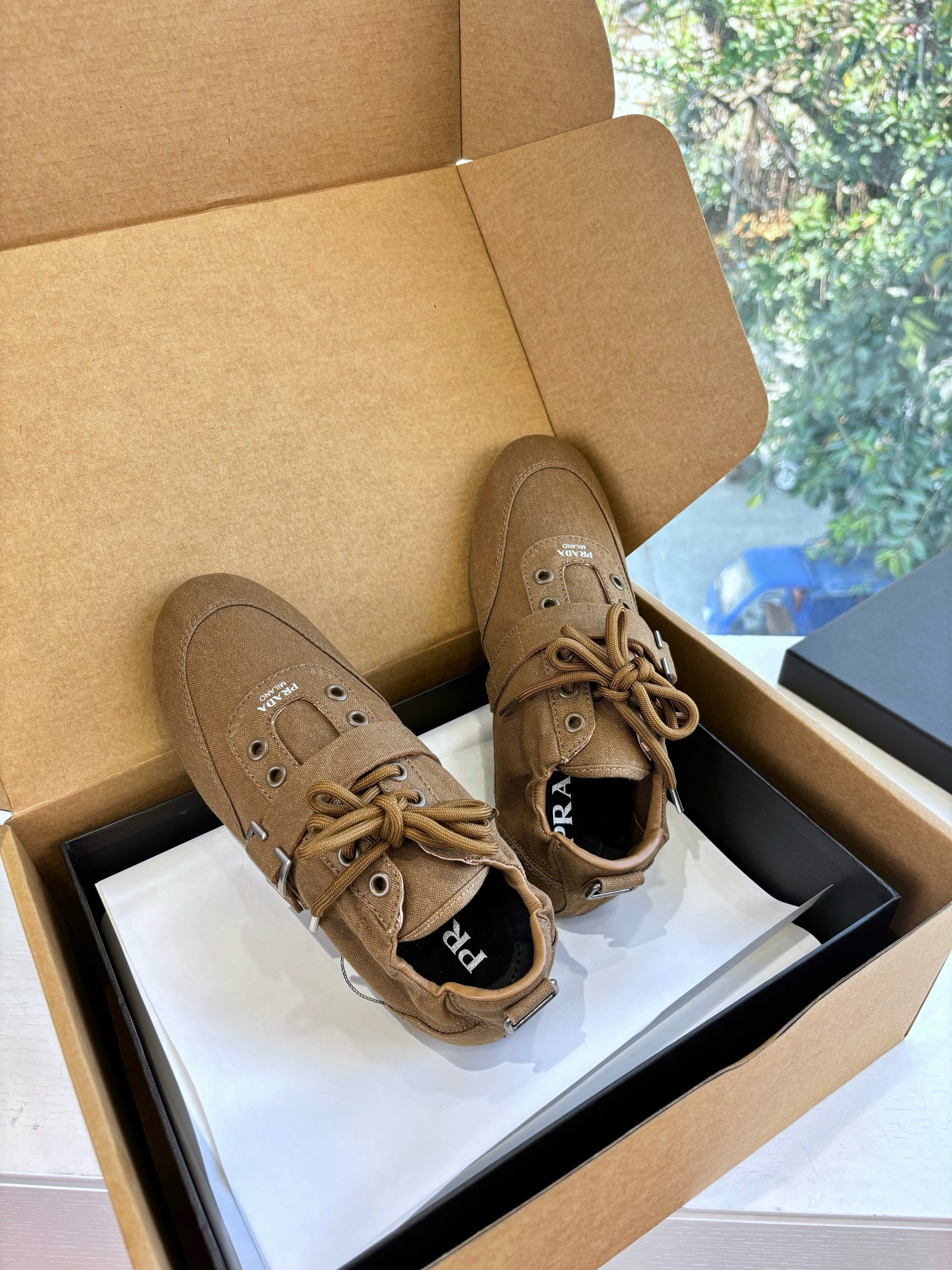 Prada Sneakers with Buckle and Strap Taupe Collapse Canvas 604166