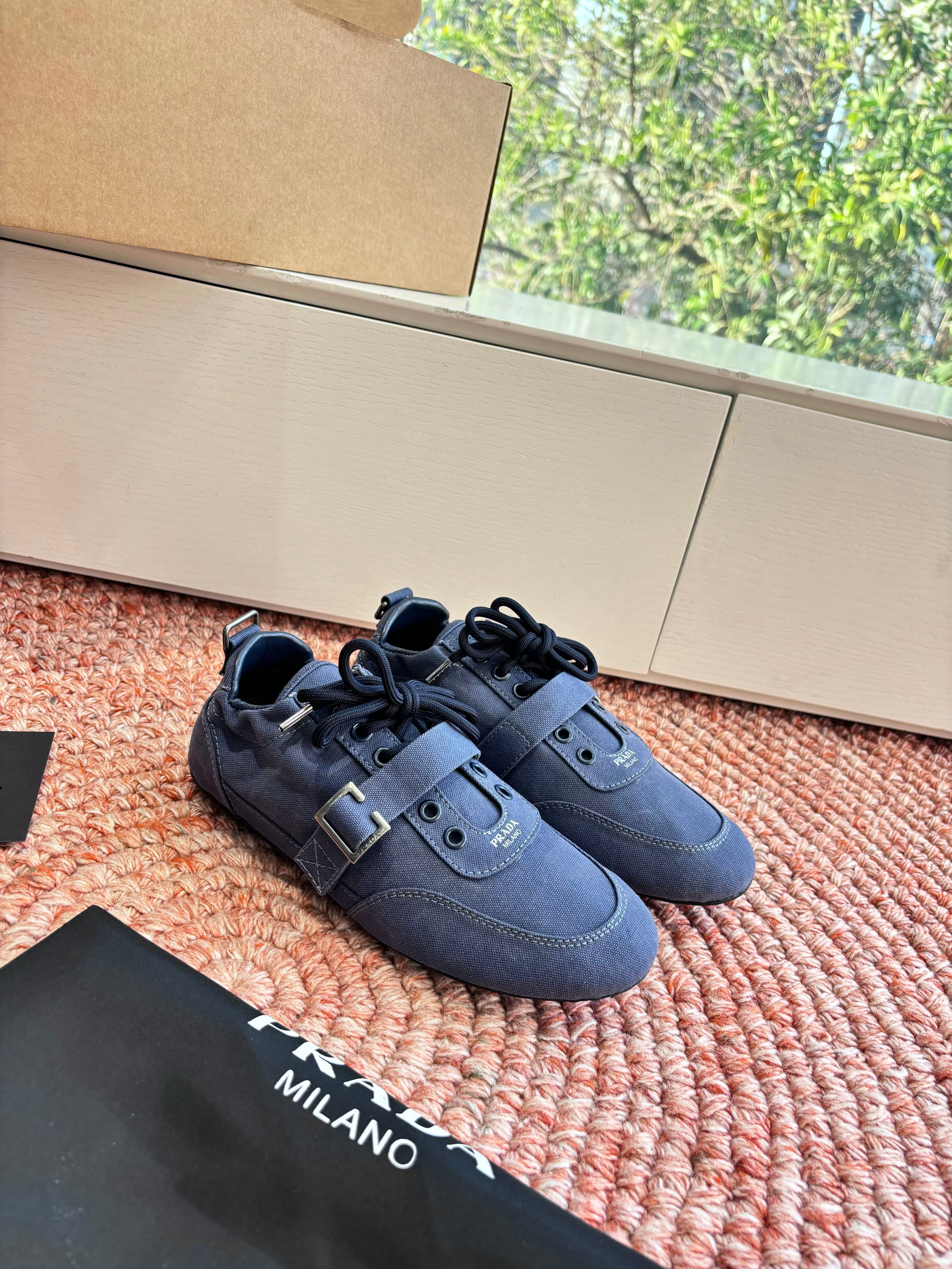 Prada Sneakers with Buckle and Strap Dark Blue Collapse Canvas 604167