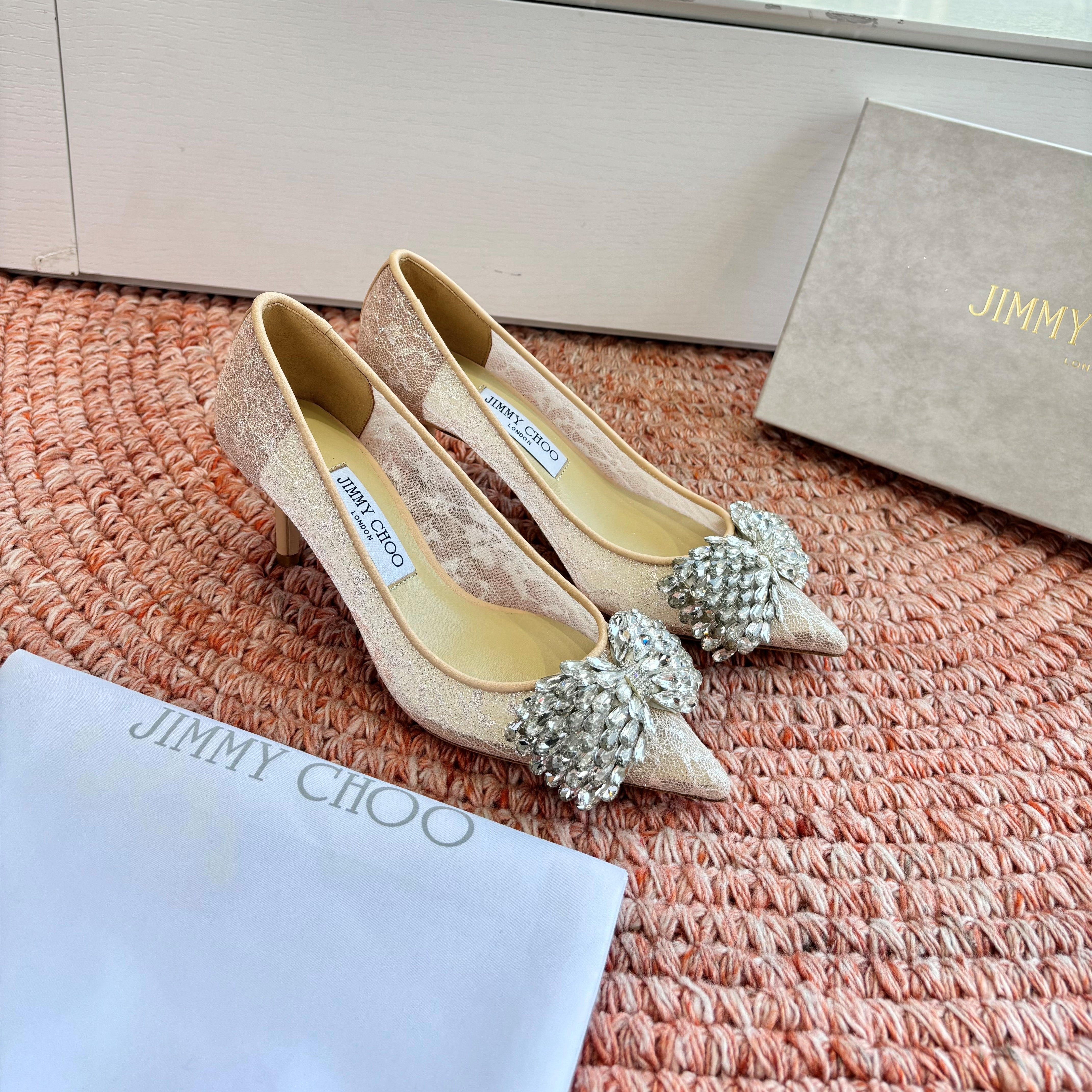 JC 26s Rhinestone Auria Pumps 8.5cm Beige Mesh 648209