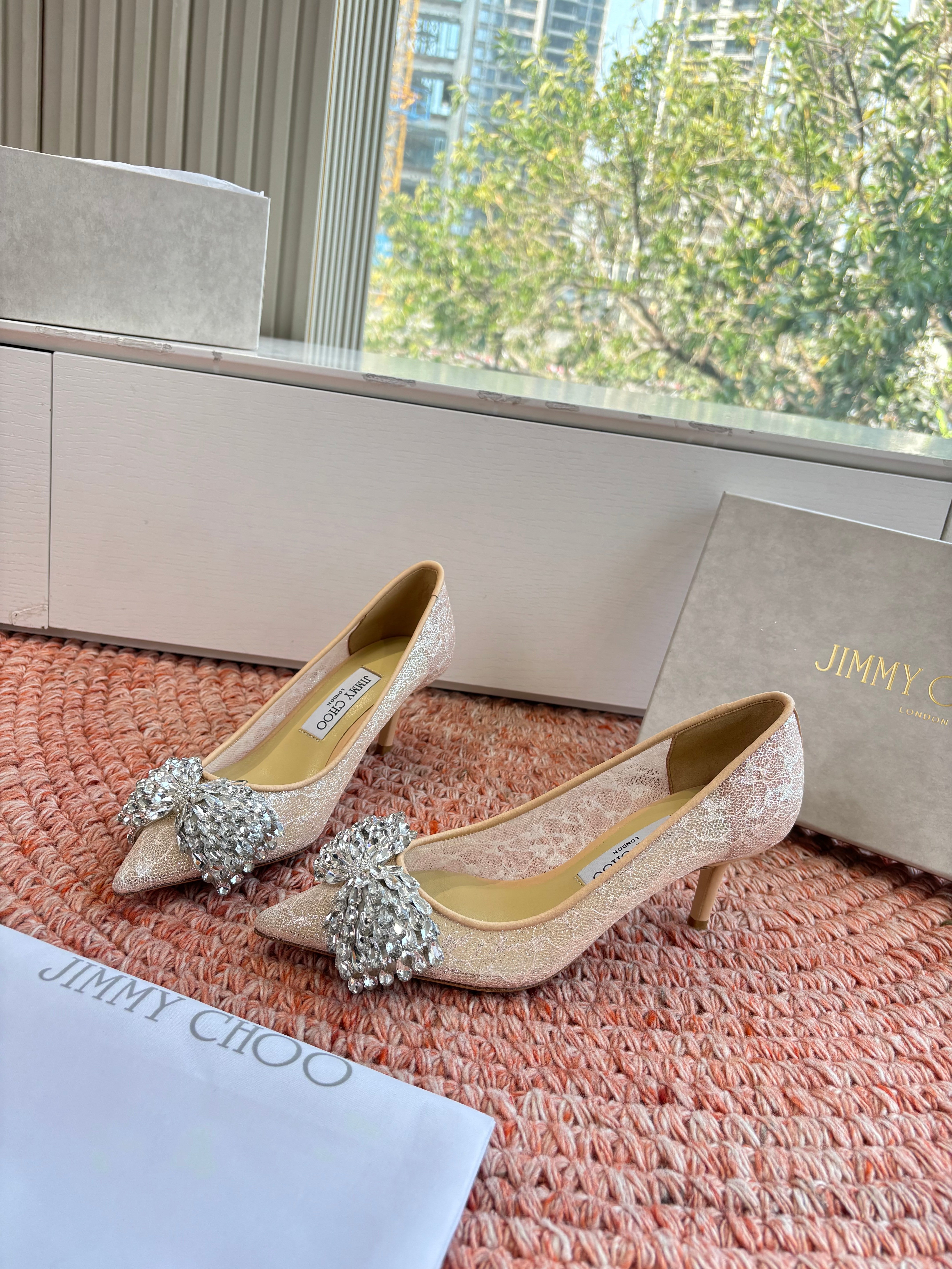 JC 26s Rhinestone Auria Pumps 8.5cm Beige Mesh 648209