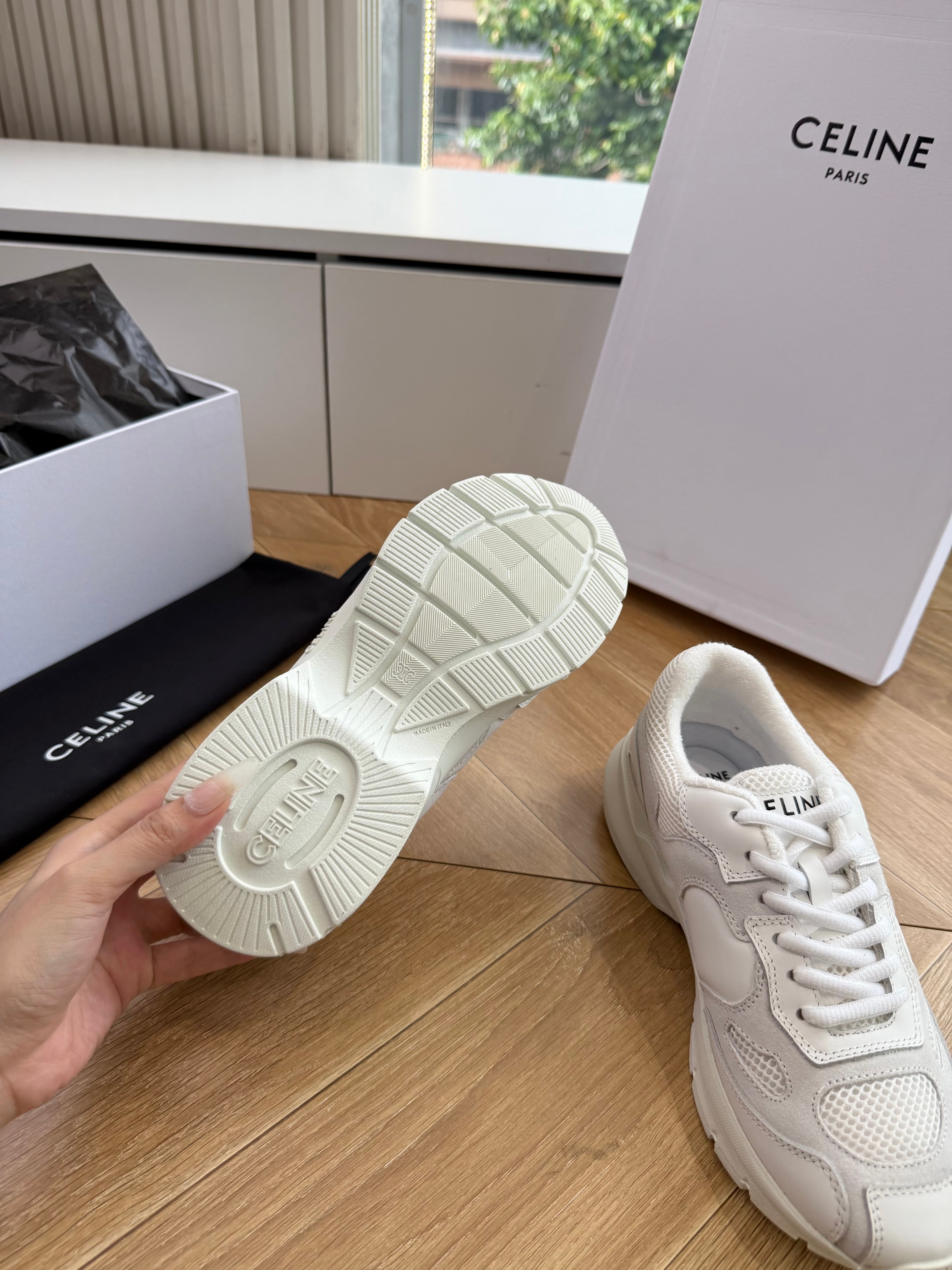Celine 26s Runner Sneakers Off White Mesh Suede Calfskin 967838