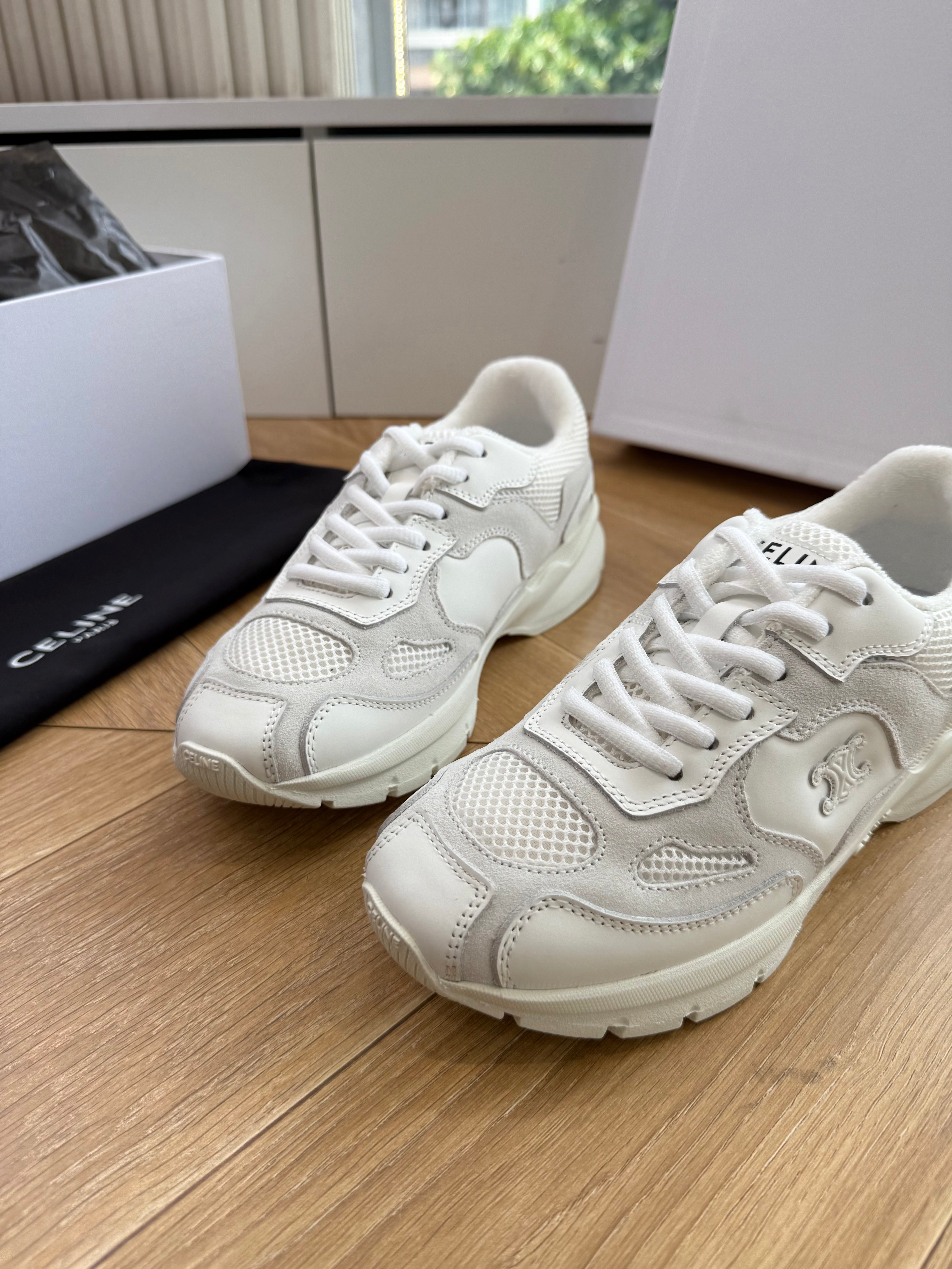 Celine 26s Runner Sneakers Off White Mesh Suede Calfskin 967838